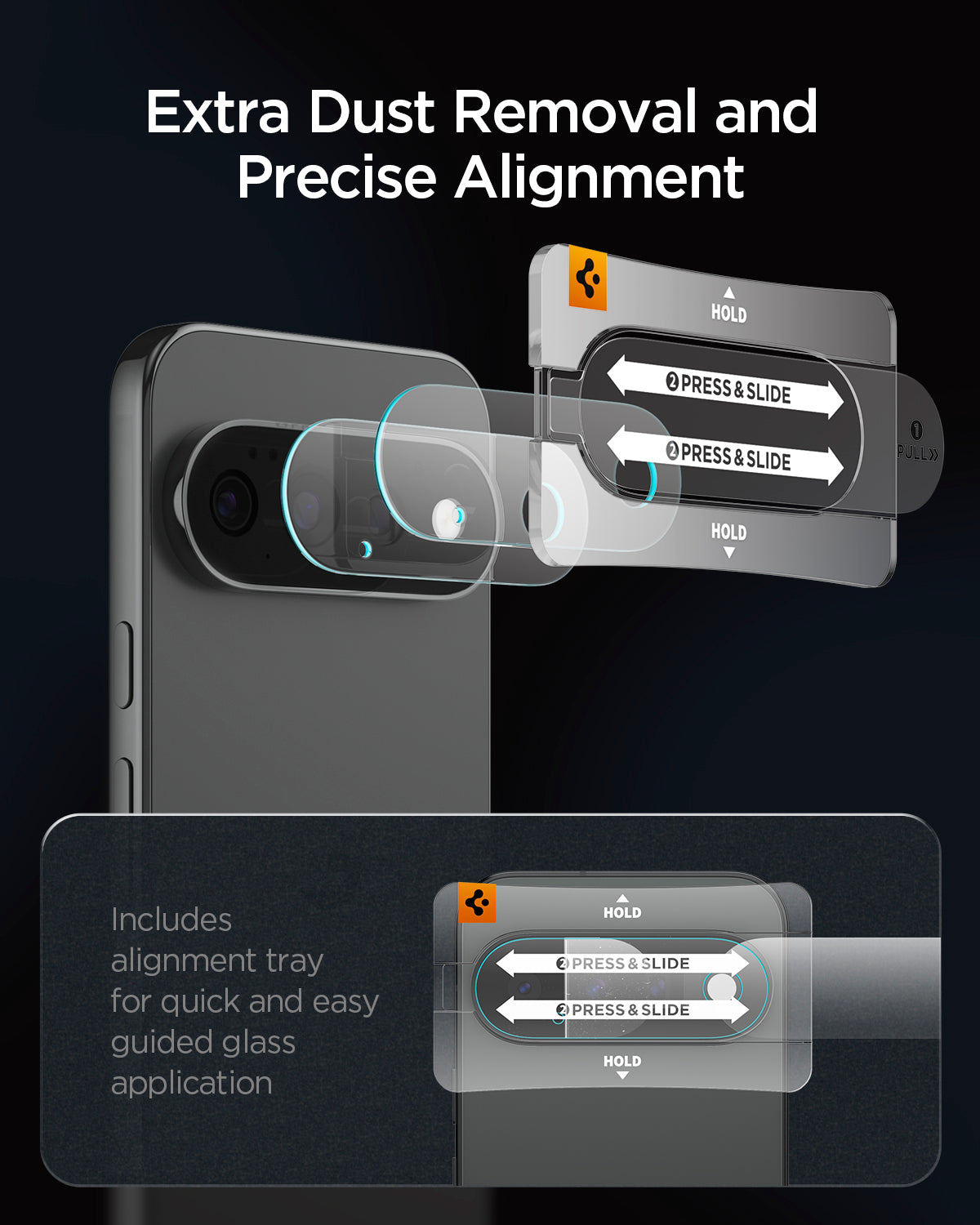 AGL11489 - Pixel 11 Pro XL Optik EZ Fit Lens Protector alignment tray supports dust removal and precise guided lens protector application.