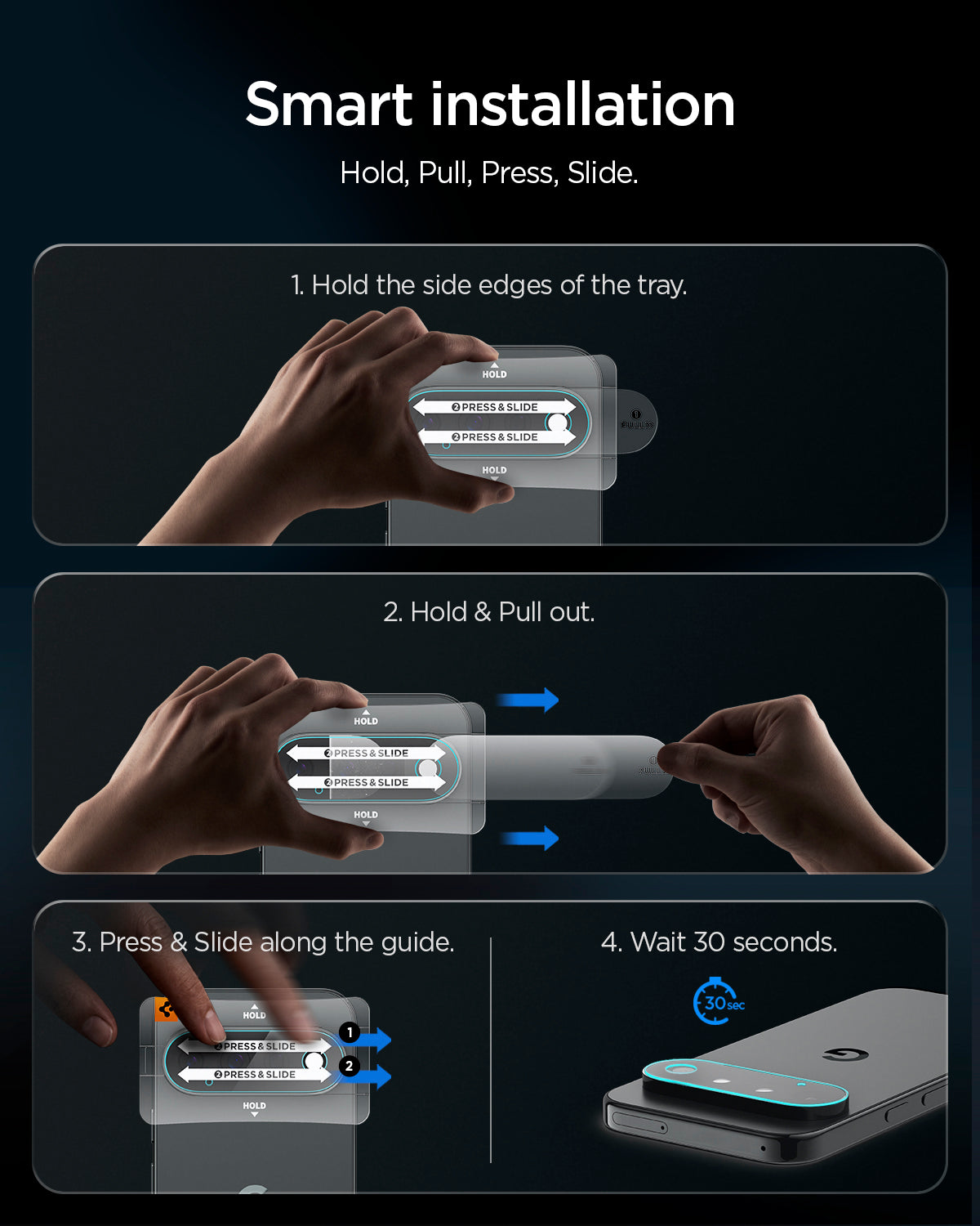 AGL11489 - Pixel 11 Pro XL Optik EZ Fit Lens Protector installation steps show holding, pulling, pressing, sliding, and waiting 30 seconds.