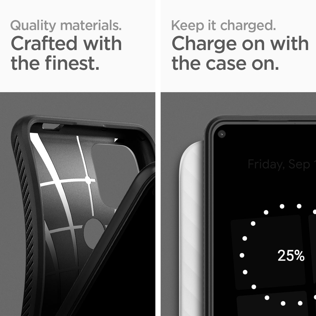 ACS02907 - Pixel 5a Case Liquid Air in matte black superior material. crafted with the finest. just charge it. charge on with the case on.