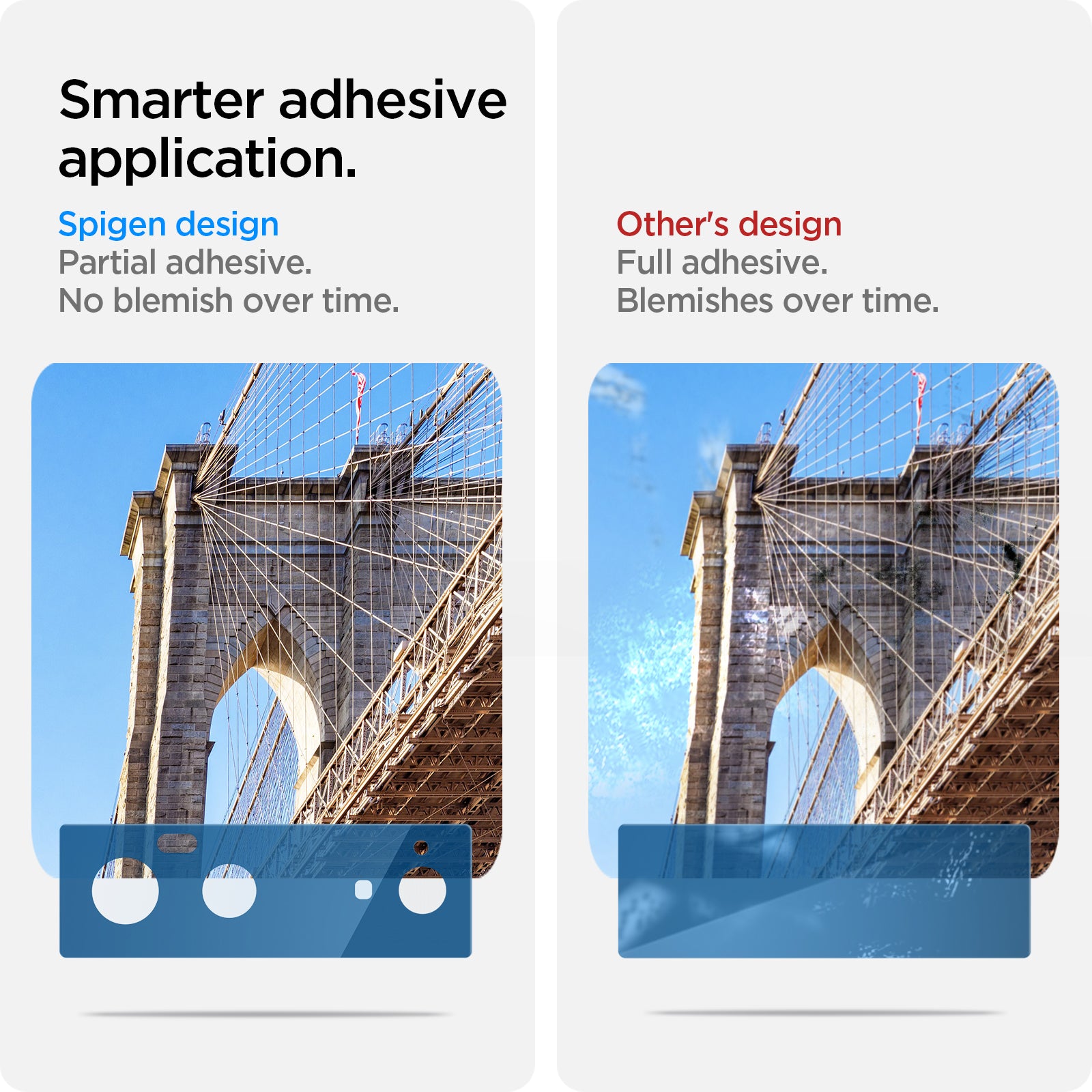 AGL04197 - Pixel 6 Optik Lens Protector in black smarter adhesive application. Spigen design. partial adhesive. No blemish over time. Other’s design full adhesive. Blemishes over time.