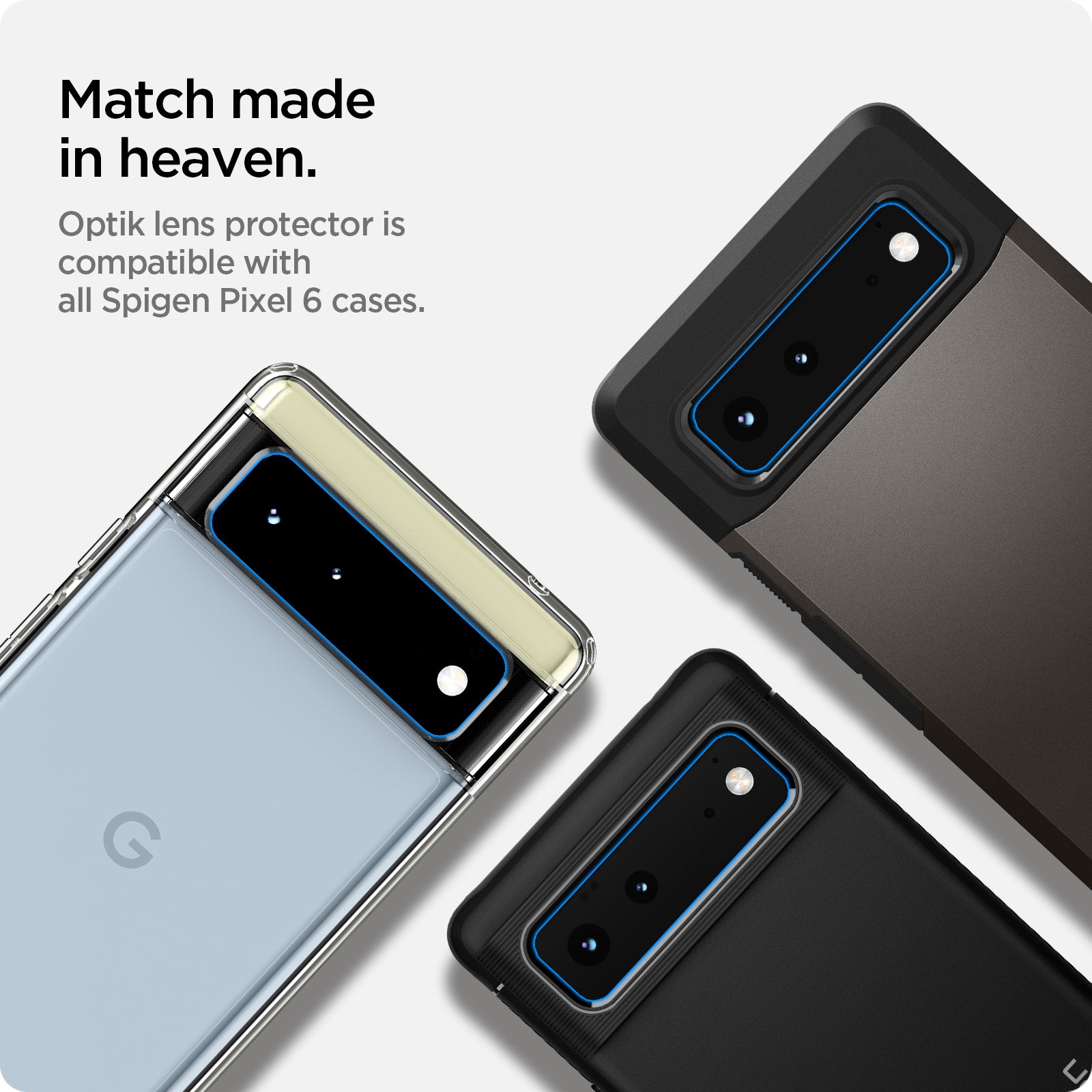 AGL04197 - Pixel 6 Optik Lens Protector in black match made in heaven. Optik lens protector is compatible with all spigen pixel 6 cases.