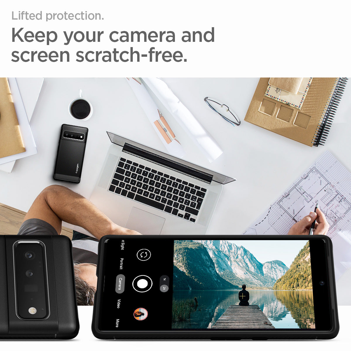 ACS03456 - Pixel 6 Pro Case Rugged Armor in matte black lifted protection. keep  your camera and screen scratch free.