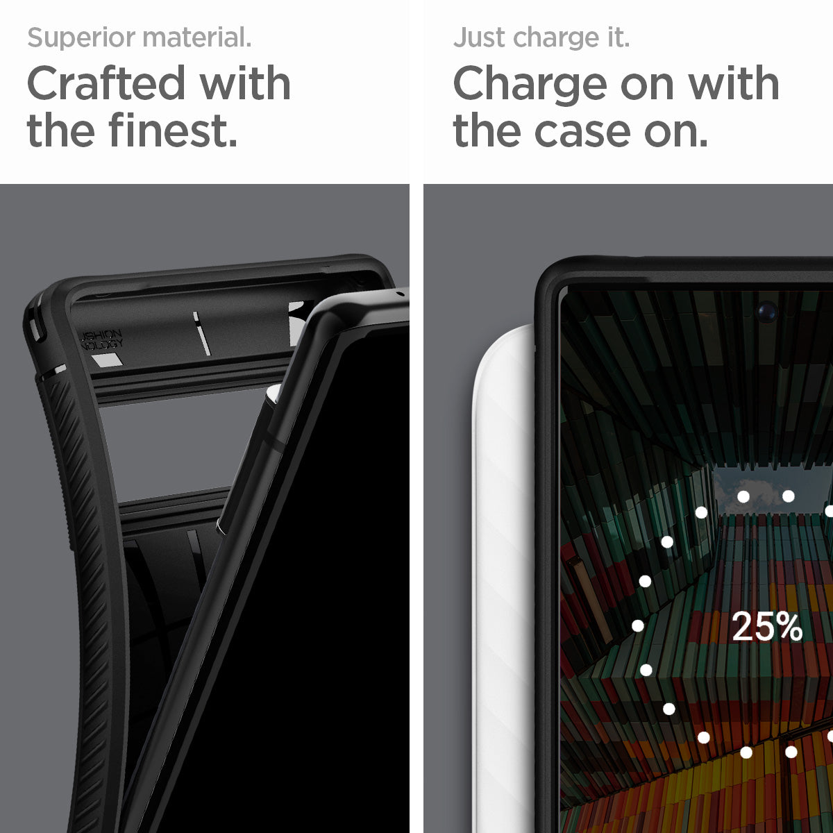 ACS03456 - Pixel 6 Pro Case Rugged Armor in matte black superior material. crafted with the finest. just charge it. charge on with the case on.