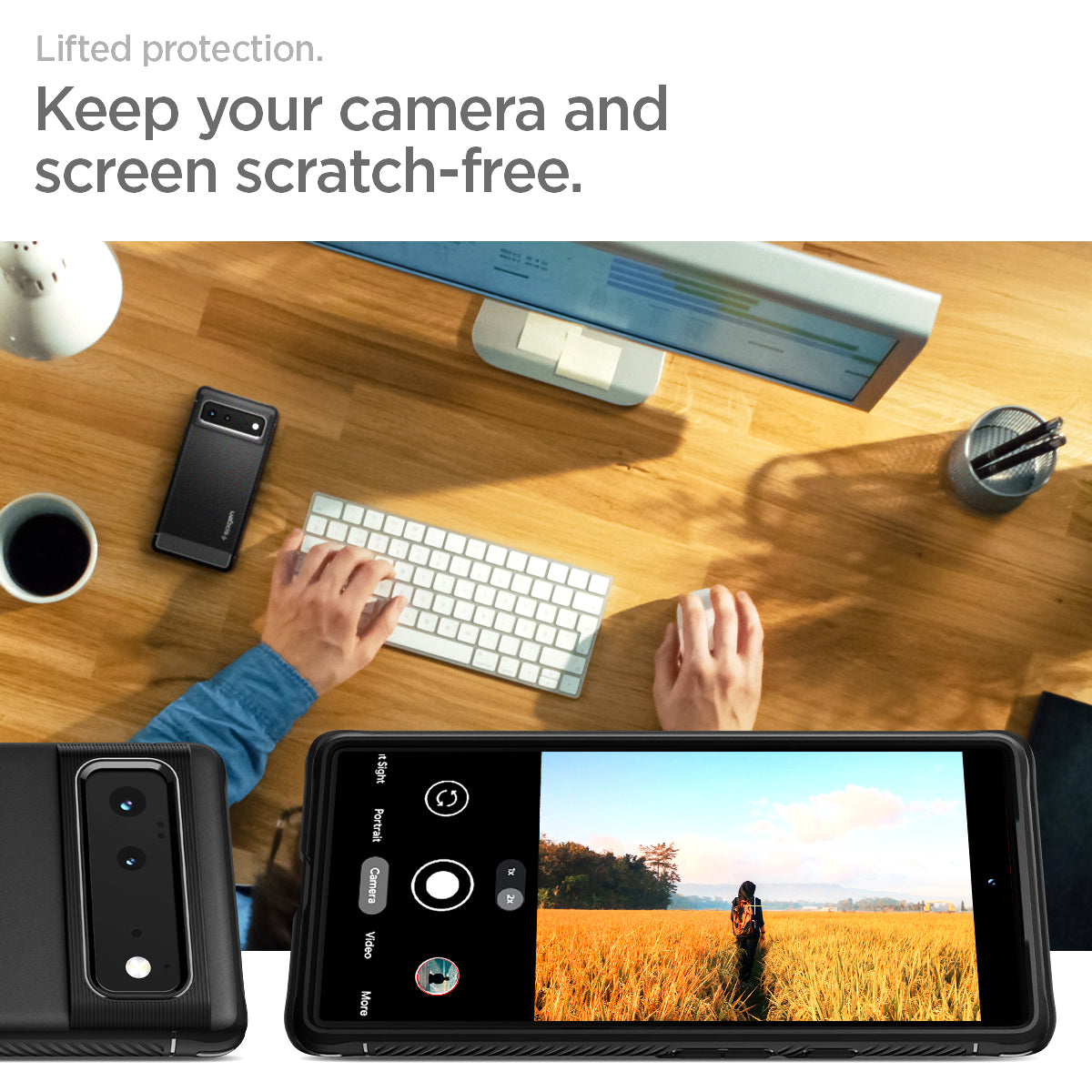 ACS03437 - Pixel 6 Case Rugged Armor in matte black lifted protection. keep  your camera and screen scratch free.
