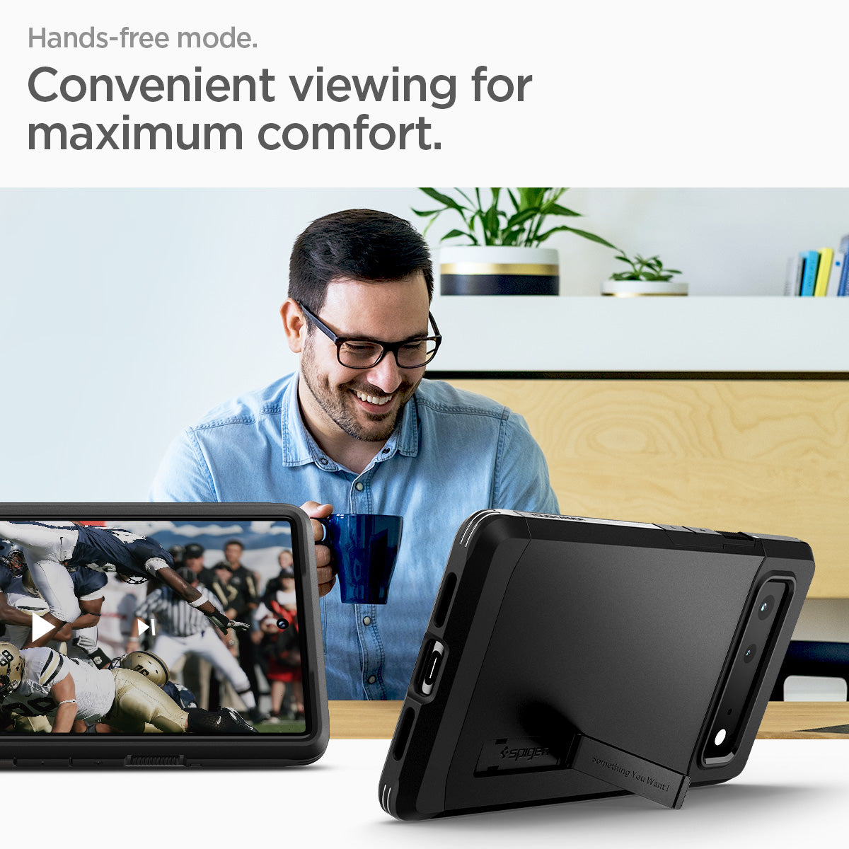 ACS03442 - Pixel 6 Case Tough Armor in black hands free mode convenient viewing for maximum comfort.