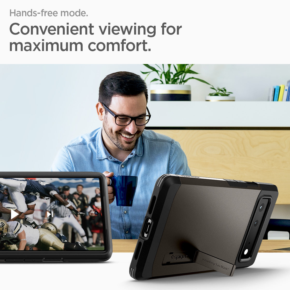 ACS03443 - Pixel 6 Case Tough Armor in gunmetal hands free mode convenient viewing for maximum comfort.