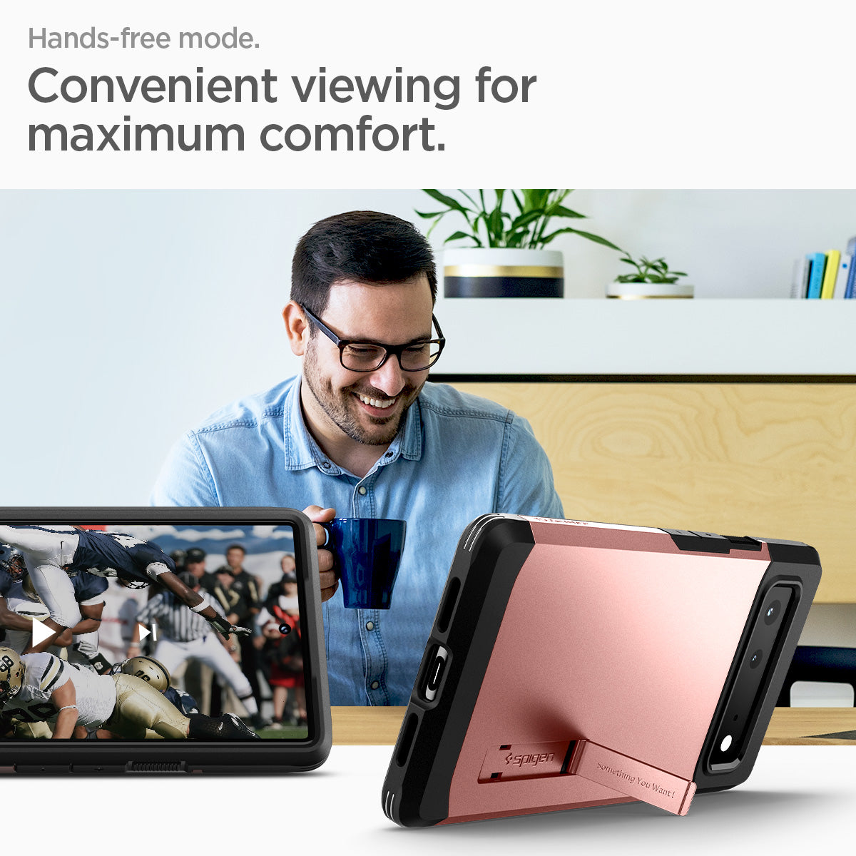 ACS03444 - Pixel 6 Case Tough Armor in rose gold hands free mode convenient viewing for maximum comfort.