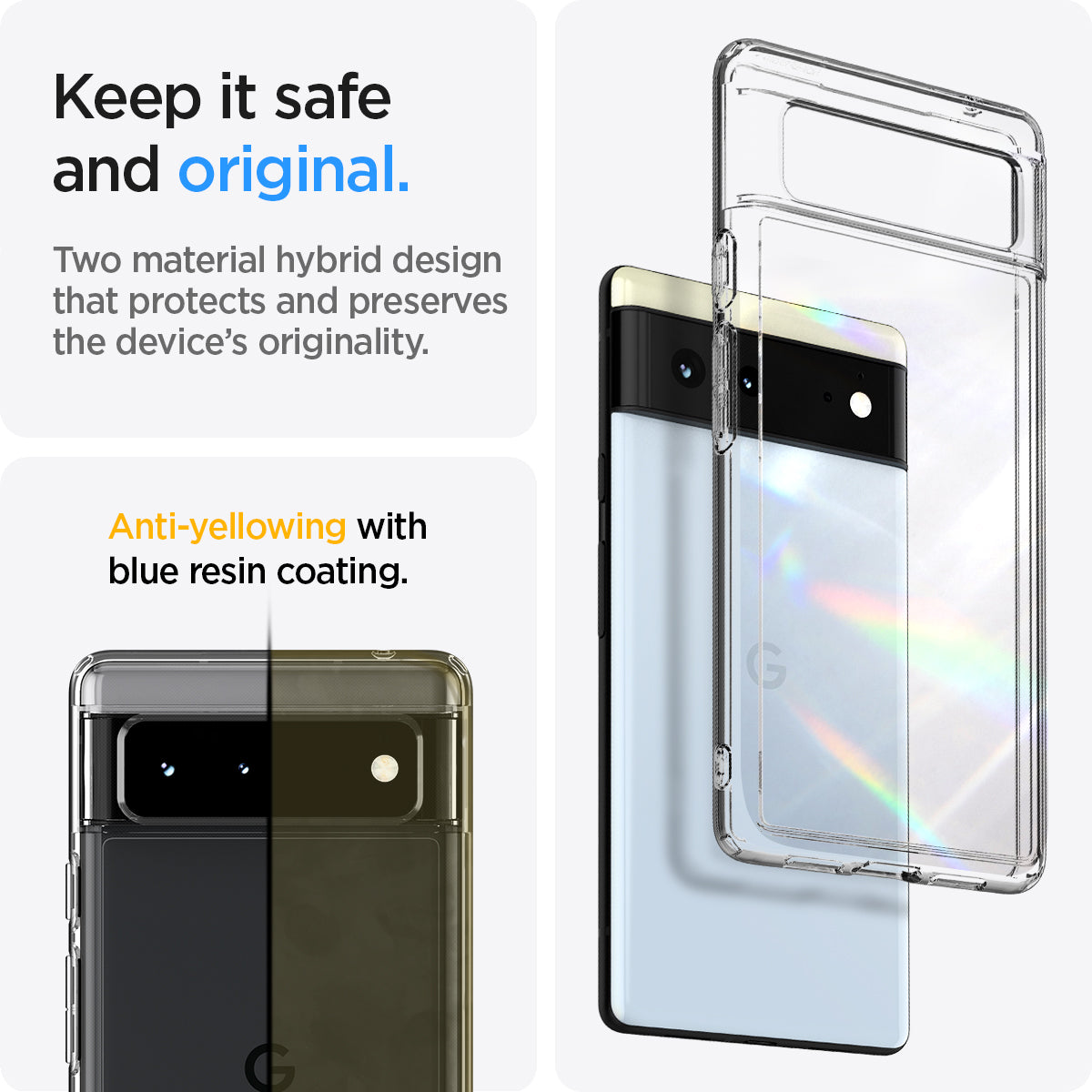 ACS03438 - Pixel 6 Case Ultra Hybrid in crystal clear keep it safe and original. two material hybrid design that protects and preserves the device's originality. anti yellowing with blue resin coating.