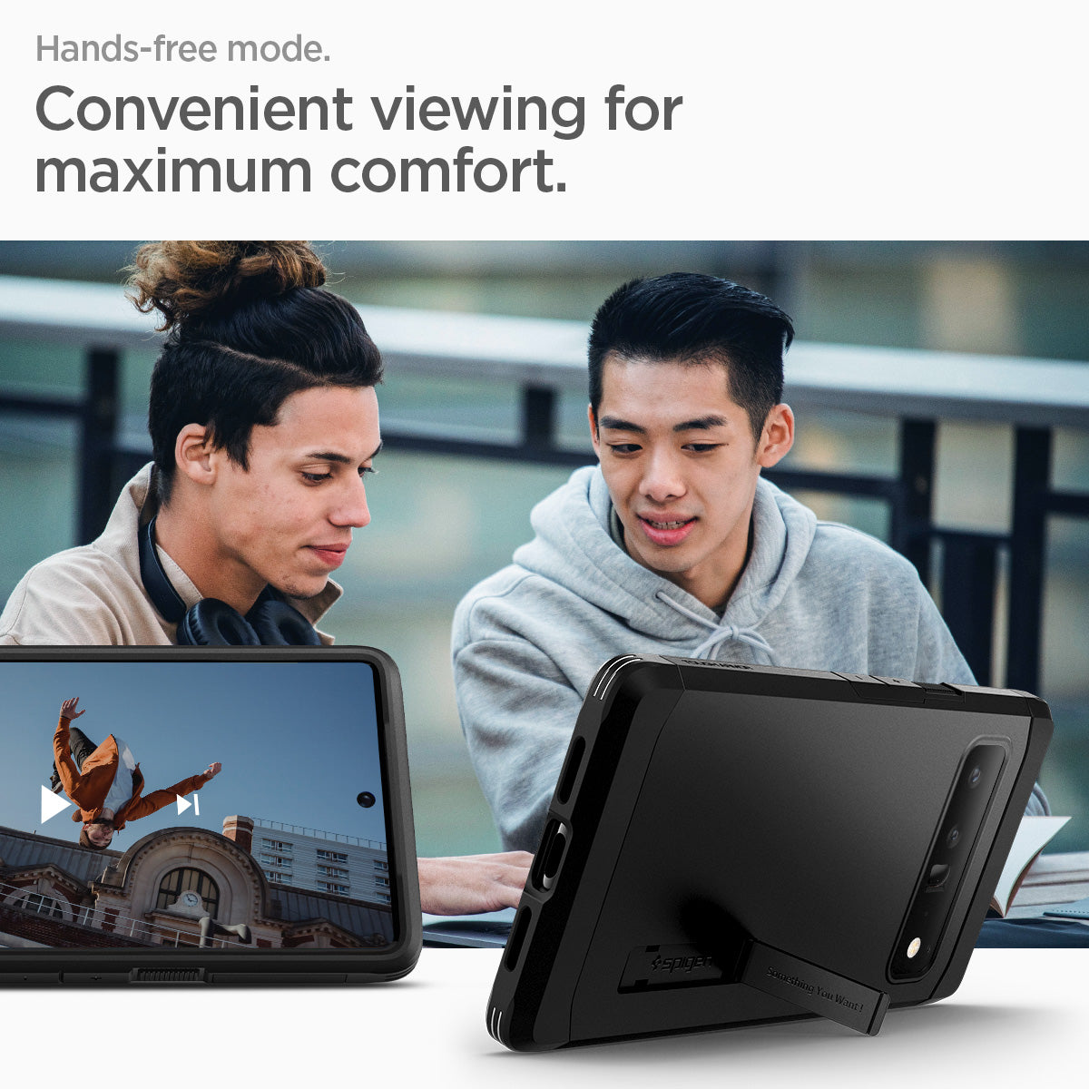 ACS03461 - Pixel 6 Pro Case Tough Armor in black hands free mode convenient viewing for maximum comfort.