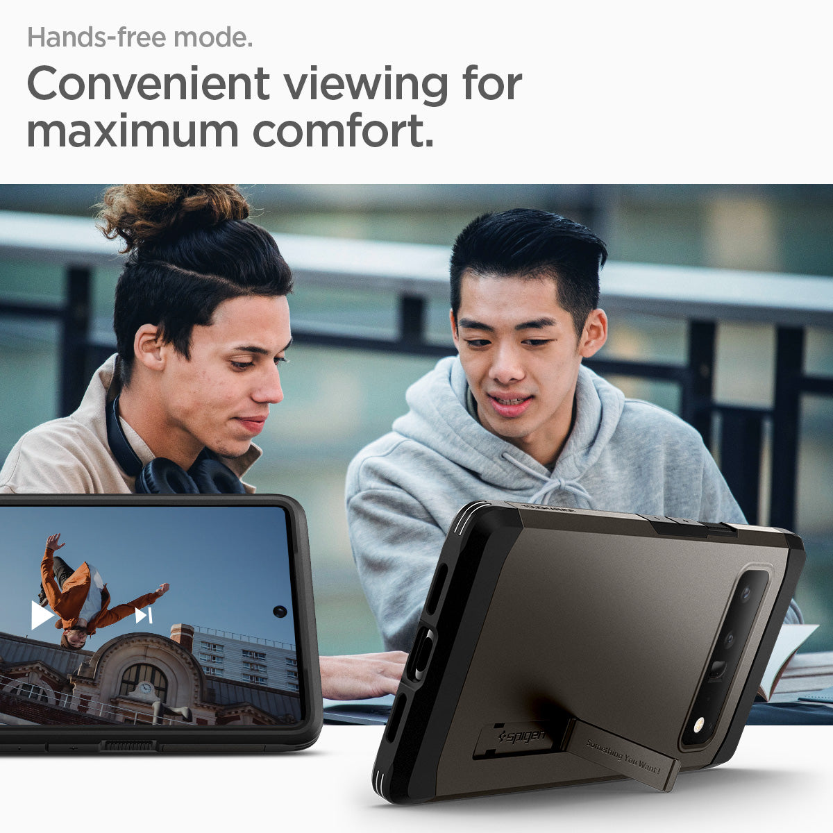ACS03462 - Pixel 6 Pro Case Tough Armor in gunmetal hands free mode convenient viewing for maximum comfort.