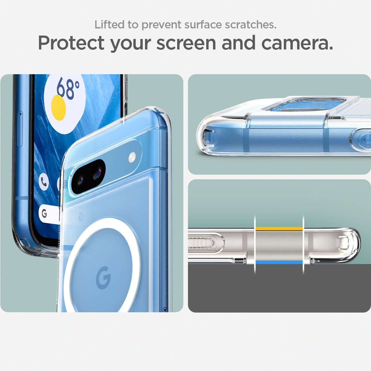 ACS07263 - Pixel 8a Case Ultra Hybrid Metal Ring (MagFit) in White lifted to prevent surface scratches. protect your screen and camera.