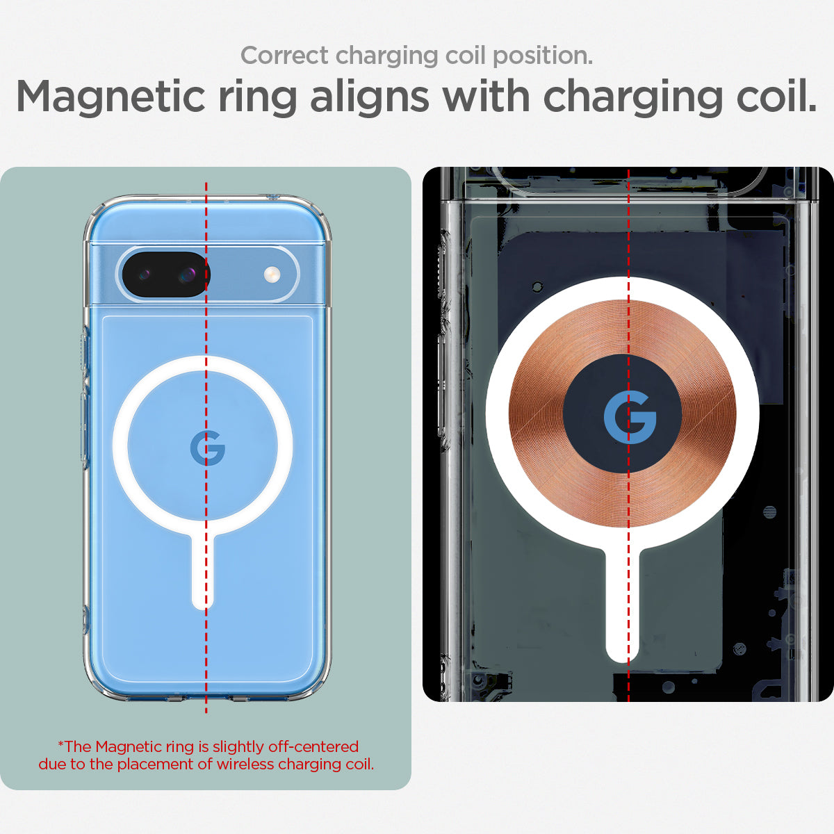 ACS07263 - Pixel 8a Case Ultra Hybrid Metal Ring (MagFit) in White correct charging coil position. Magnetic ring aligns with charging coil.