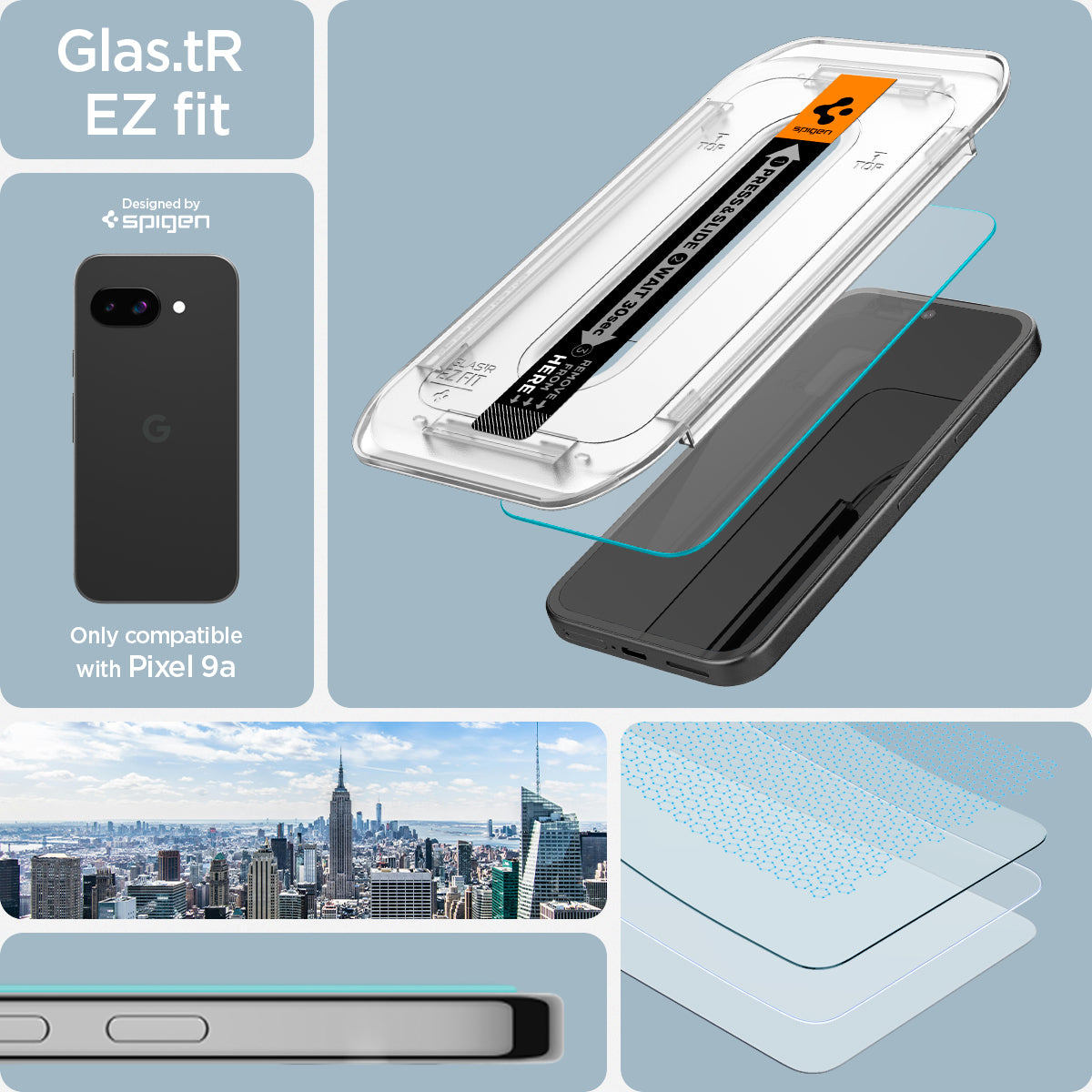 AGL08938 - Pixel 9a GLAS.tR EZ Fit in Clear showing the glass.tr ez fit compatibility only with Pixel 9a