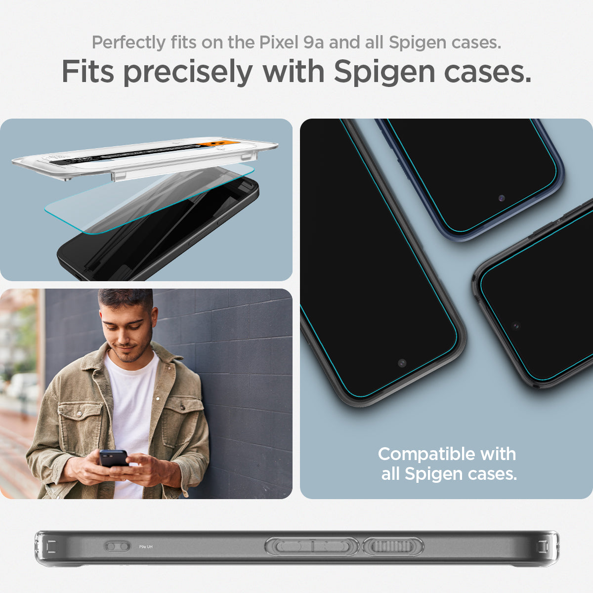 AGL08938 - Pixel 9a GLAS.tR EZ Fit in Clear showing the perfectly fits on the Pixel 9a and fits precisely with all Spigen cases. 