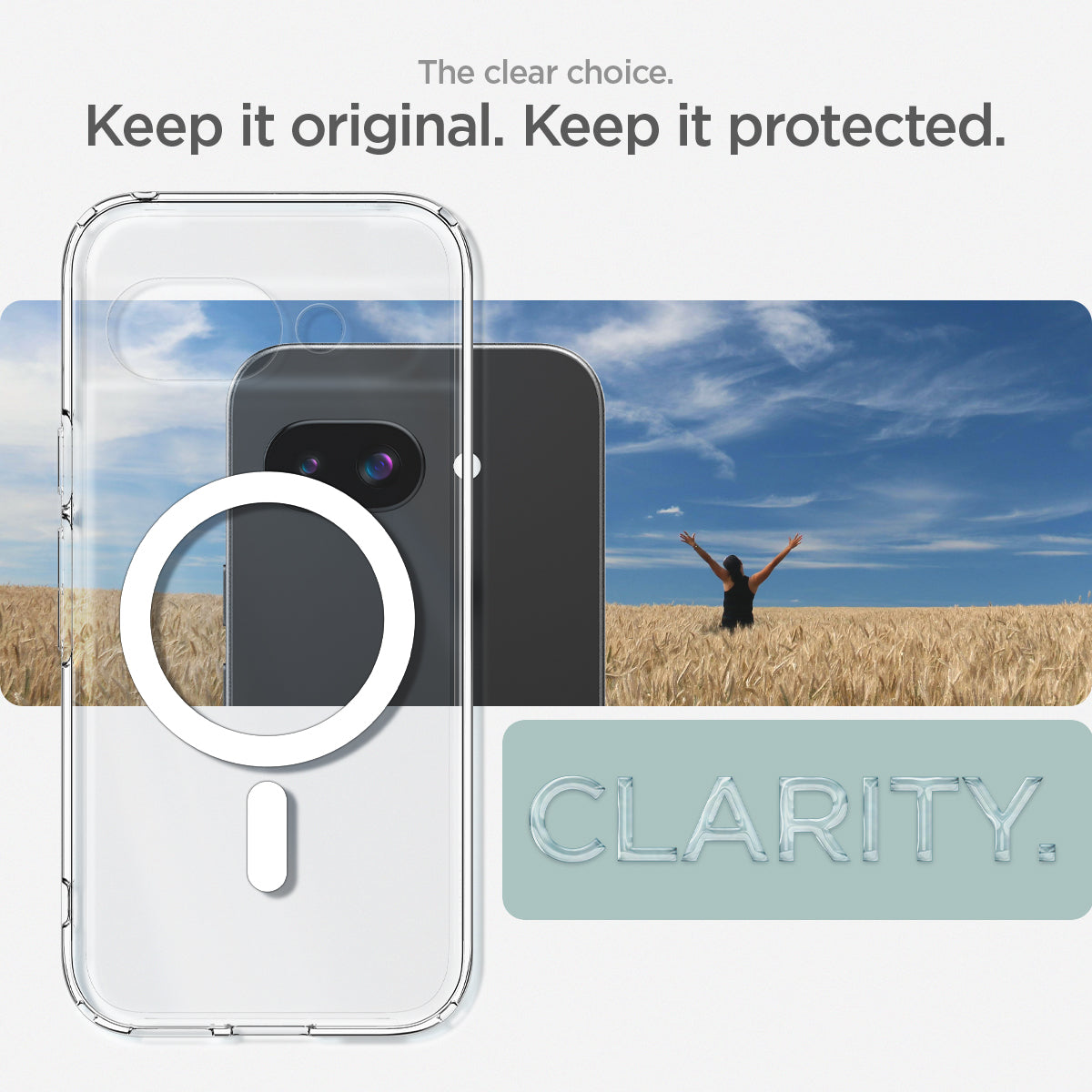 ACS09043 - Pixel 9a Case Ultra Hybrid Metal Ring (MagFit) in Clear White showing the clear choice. Keep it original. Keep it protected