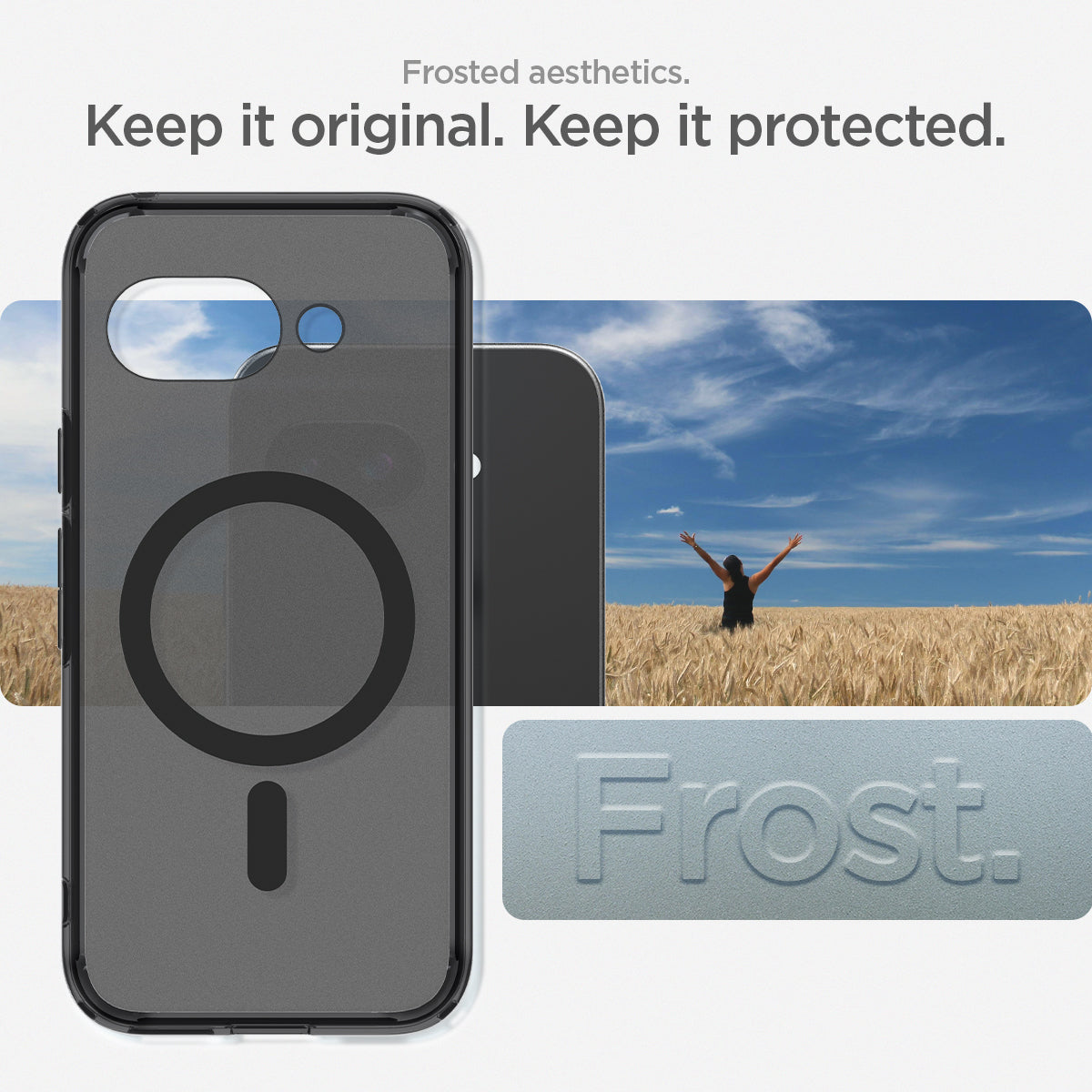 ACS09045 - Pixel 9a Case Ultra Hybrid Metal Ring (MagFit) in Frost Black showing the clear choice. Keep it original. Keep it protected