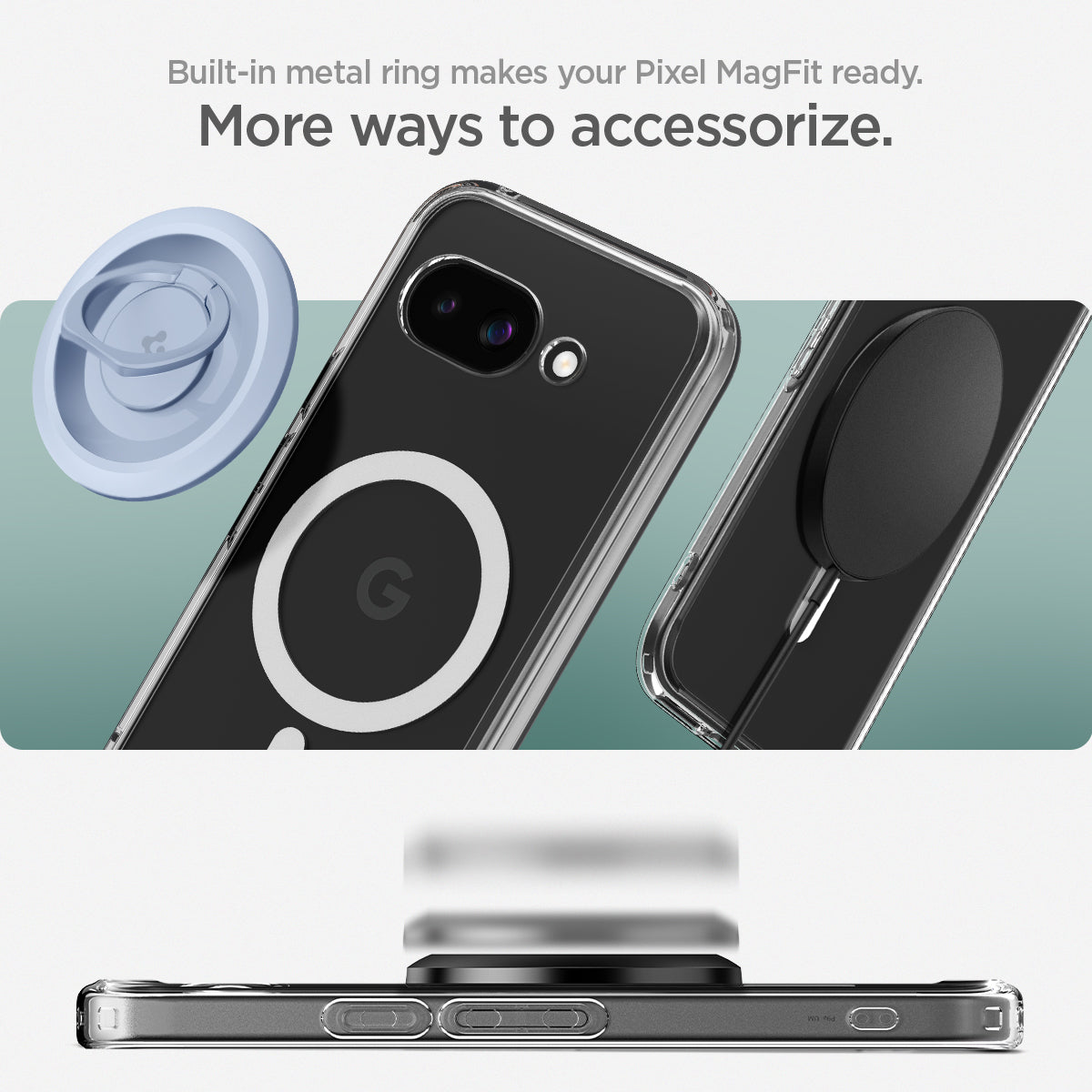 ACS09043 - Pixel 9a Case Ultra Hybrid Metal Ring (MagFit) in Clear White showing the built-in metal ring makes your Pixel MagFit ready and more ways to accessorize