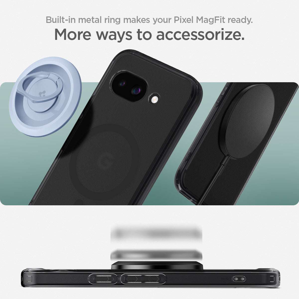 ACS09045 - Pixel 9a Case Ultra Hybrid Metal Ring (MagFit) in Frost Black showing the built-in metal ring makes your Pixel MagFit ready and more ways to accessorize