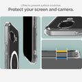 ACS09043 - Pixel 9a Case Ultra Hybrid Metal Ring (MagFit) in Clear White showing how your screen and camera protected. Lifted to prevent surface scratches