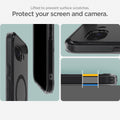 ACS09045 - Pixel 9a Case Ultra Hybrid Metal Ring (MagFit) in Frost Black showing how your screen and camera protected. Lifted to prevent surface scratches