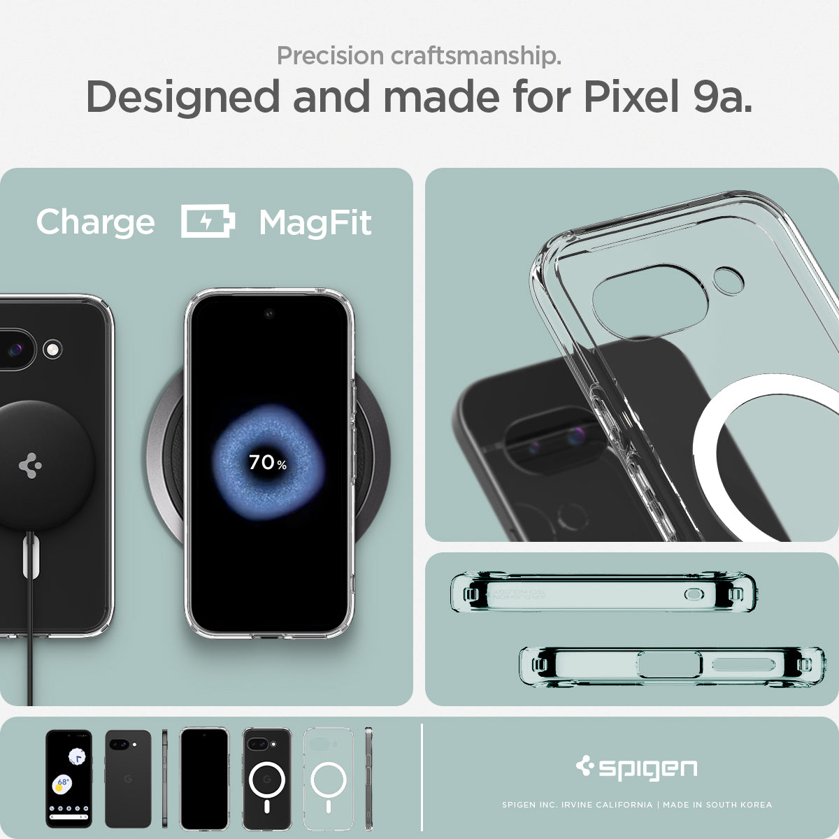 ACS09043 - Pixel 9a Case Ultra Hybrid Metal Ring (MagFit) in Clear White showing the precision craftsmanship. Designed and made for Pixel 9a. Charging with the case