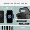 ACS09045 - Pixel 9a Case Ultra Hybrid Metal Ring (MagFit) in Frost Black showing the precision craftsmanship. Designed and made for Pixel 9a. Charging with the case