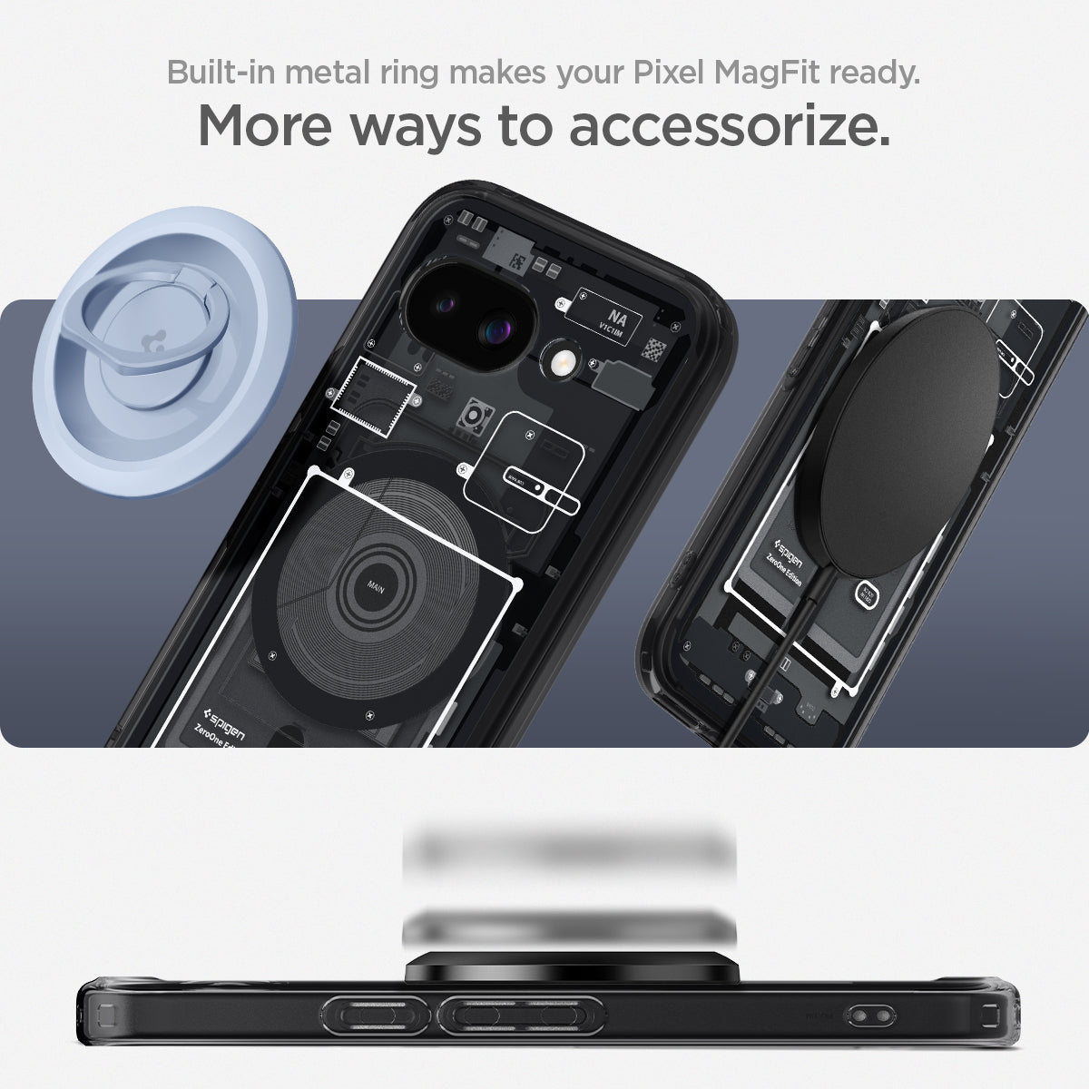 ACS09044 - Pixel 9a Case Ultra Hybrid Zero One showing the built-in metal ring makes your Pixel MagFit ready