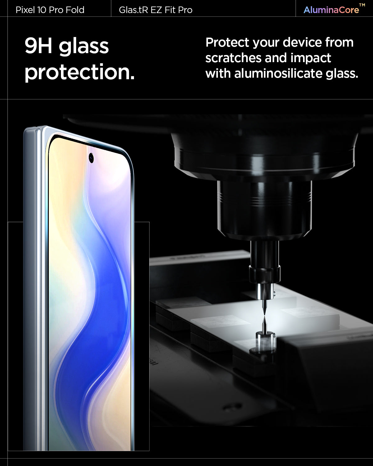 AGL09665 - Pixel 10 Pro Fold Case Ultra Hybrid Metal Ring (MagFit) in crystal clear showing check 9h glass protection. protect your device from scratches and impact with aluminosilicate glass