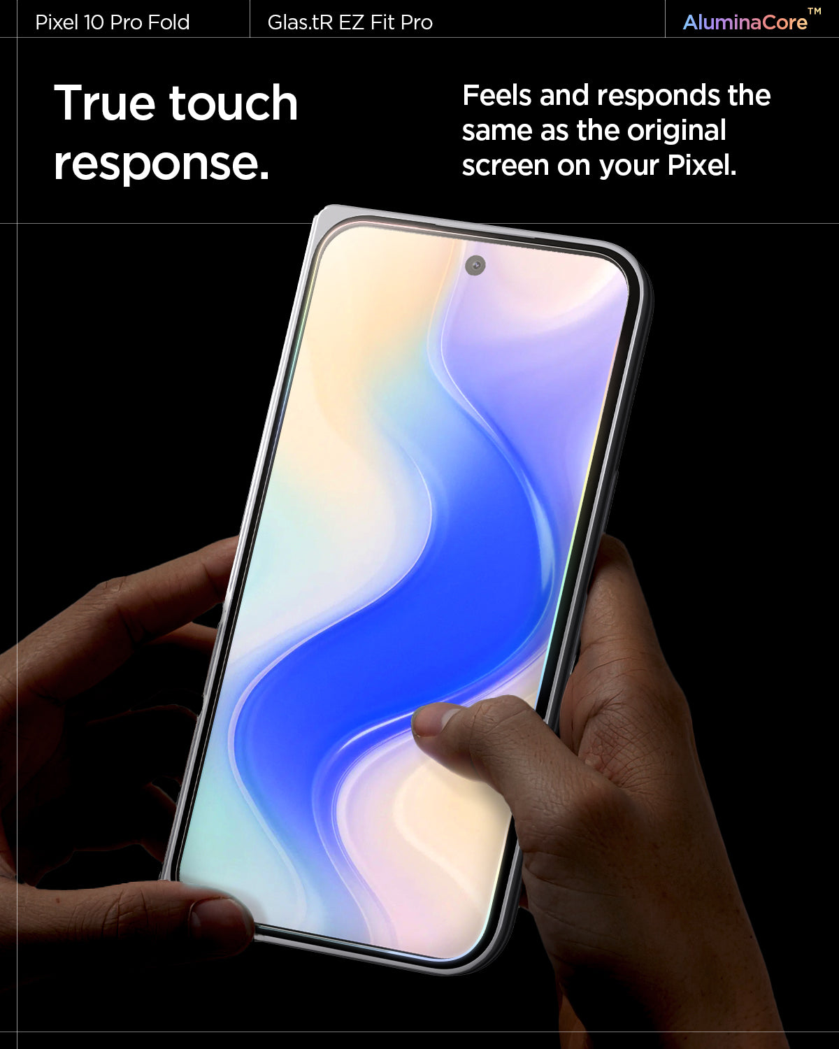 AGL09665 - Pixel 10 Pro Fold Case Ultra Hybrid Metal Ring (MagFit) in crystal clear showing true touch response. feels and responds the same as the original screen on your pixel
