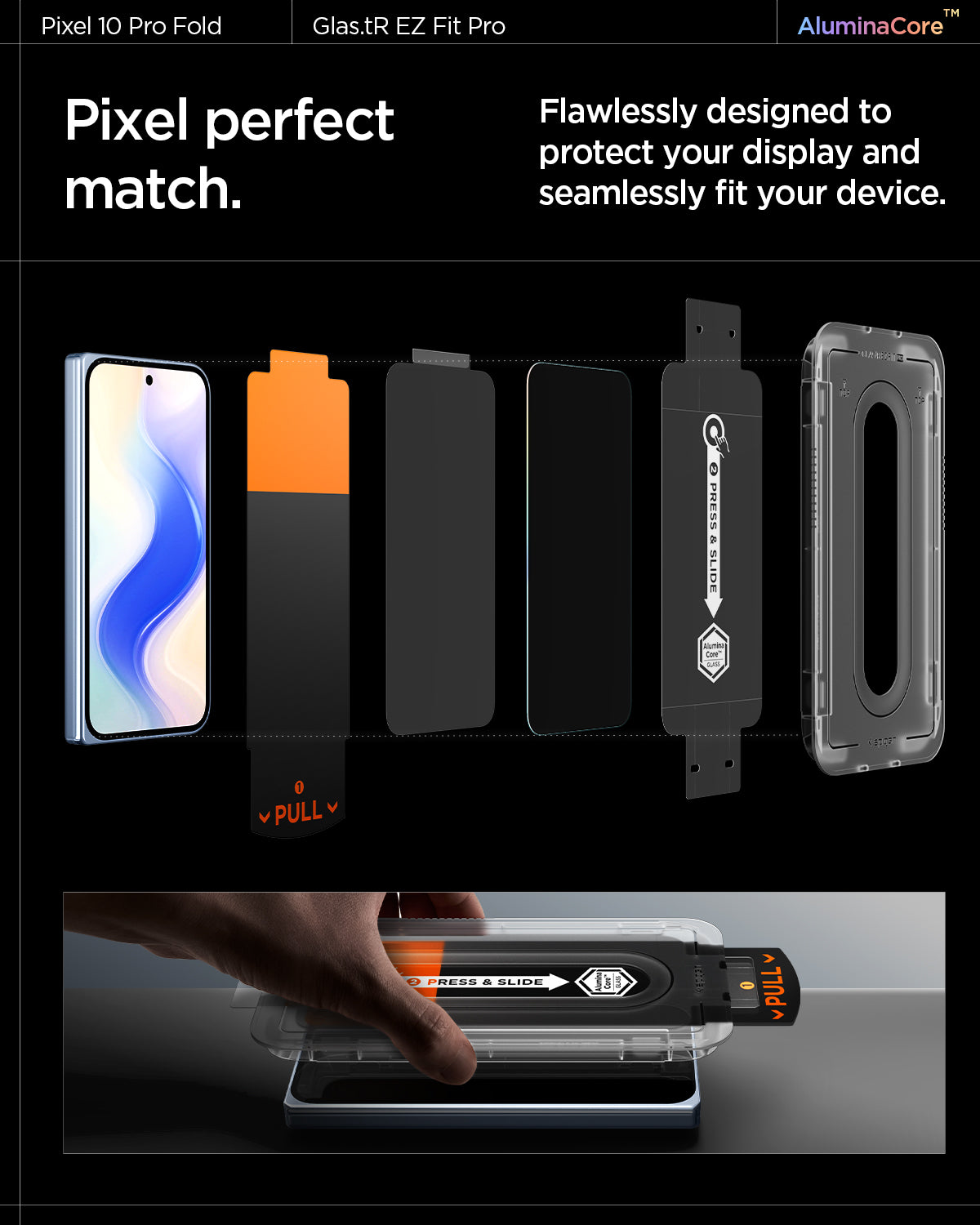AGL09665 - Pixel 10 Pro Fold Case Ultra Hybrid Metal Ring (MagFit) in crystal clear showing pixel perfect match. flawlessly designed to protect your display and seamlessly fit your device