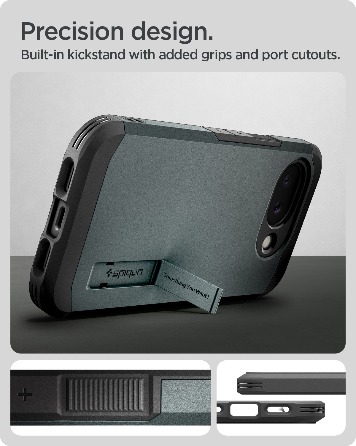 ACS11282 - Pixel 10a Tough Armor (Mag Fit) in Abyss Green showing precise design. built in kickstand with added grips and port cutouts