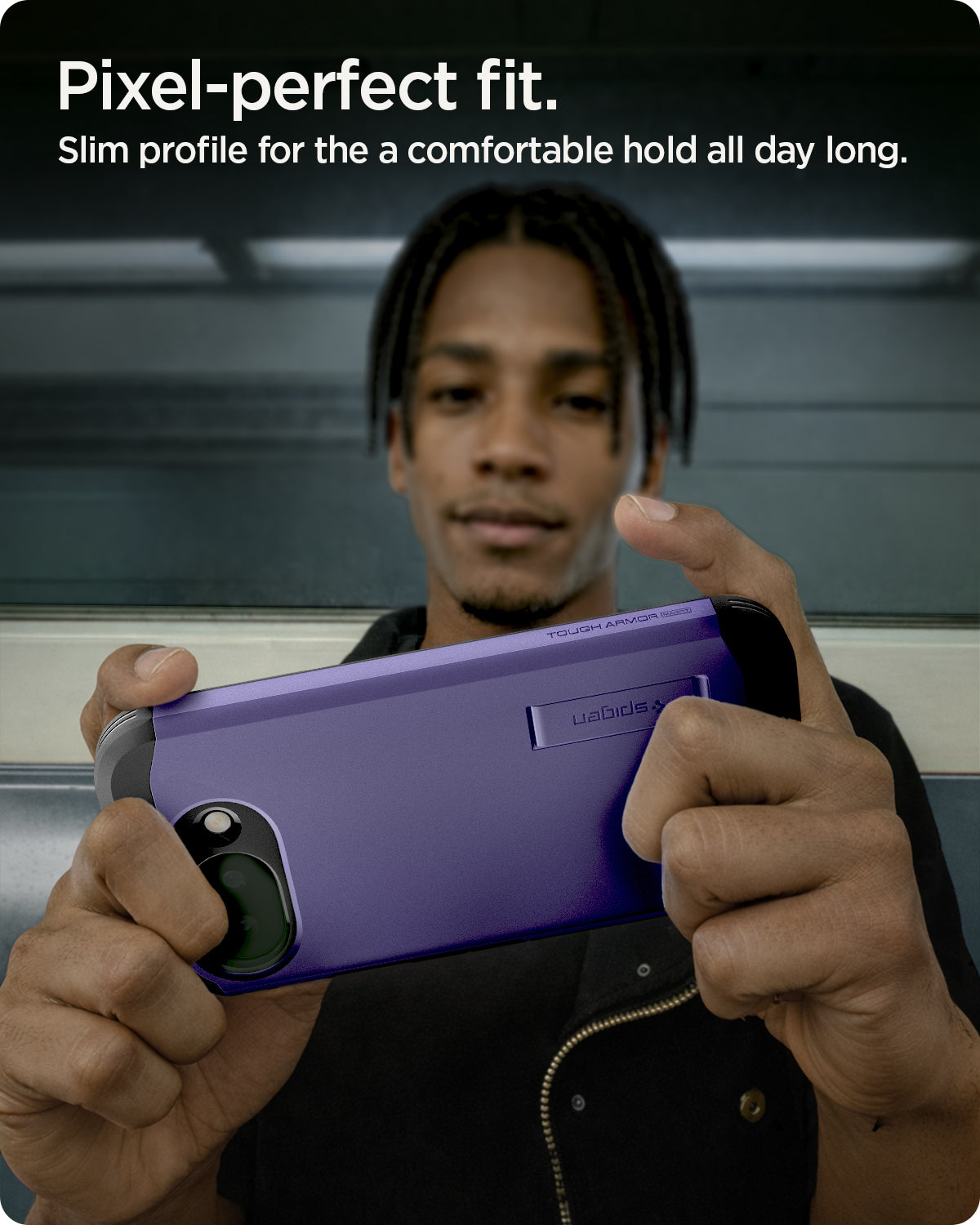 ACS11281 - Pixel 10a Tough Armor (Mag Fit) in Ash Violet showing pixel perfect fit. slim profile for the comfortable hold all day long