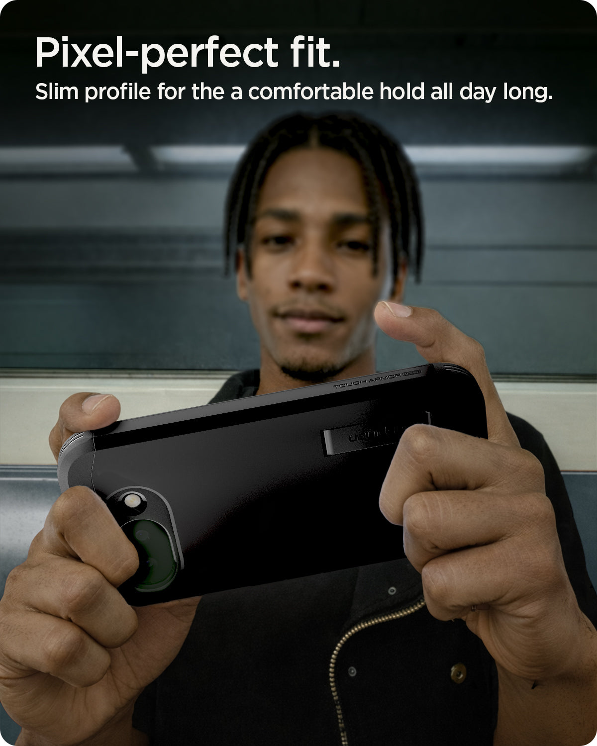 ACS11280 - Pixel 10a Tough Armor (Mag Fit) in Black showing pixel perfect fit. slim profile for the comfortable hold all day long