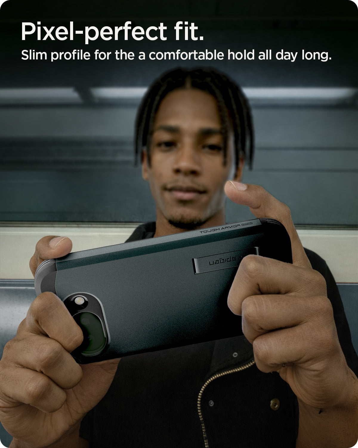 ACS11282 - Pixel 10a Tough Armor (Mag Fit) in Abyss Green showing pixel perfect fit. slim profile for the comfortable hold all day long