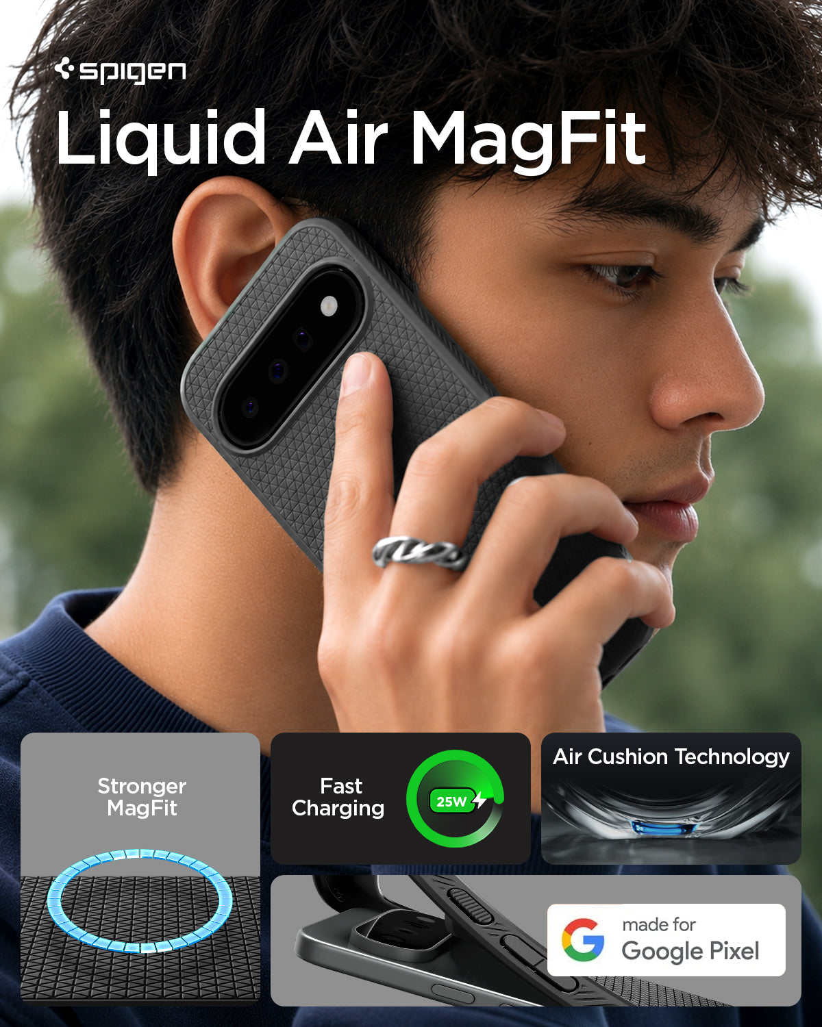 ACS11439 - Pixel 11 Liquid Air (Mag Fit) Matte Black person holding the Liquid Air MagFit case featuring a geometric textured pattern, built in magnetic ring, and Air Cushion Technology.