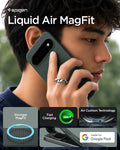 ACS11853 - Pixel 11 Liquid Air (Mag Fit) Abyss Green person holding the Liquid Air MagFit case featuring a geometric textured pattern, built in magnetic ring, and Air Cushion Technology.