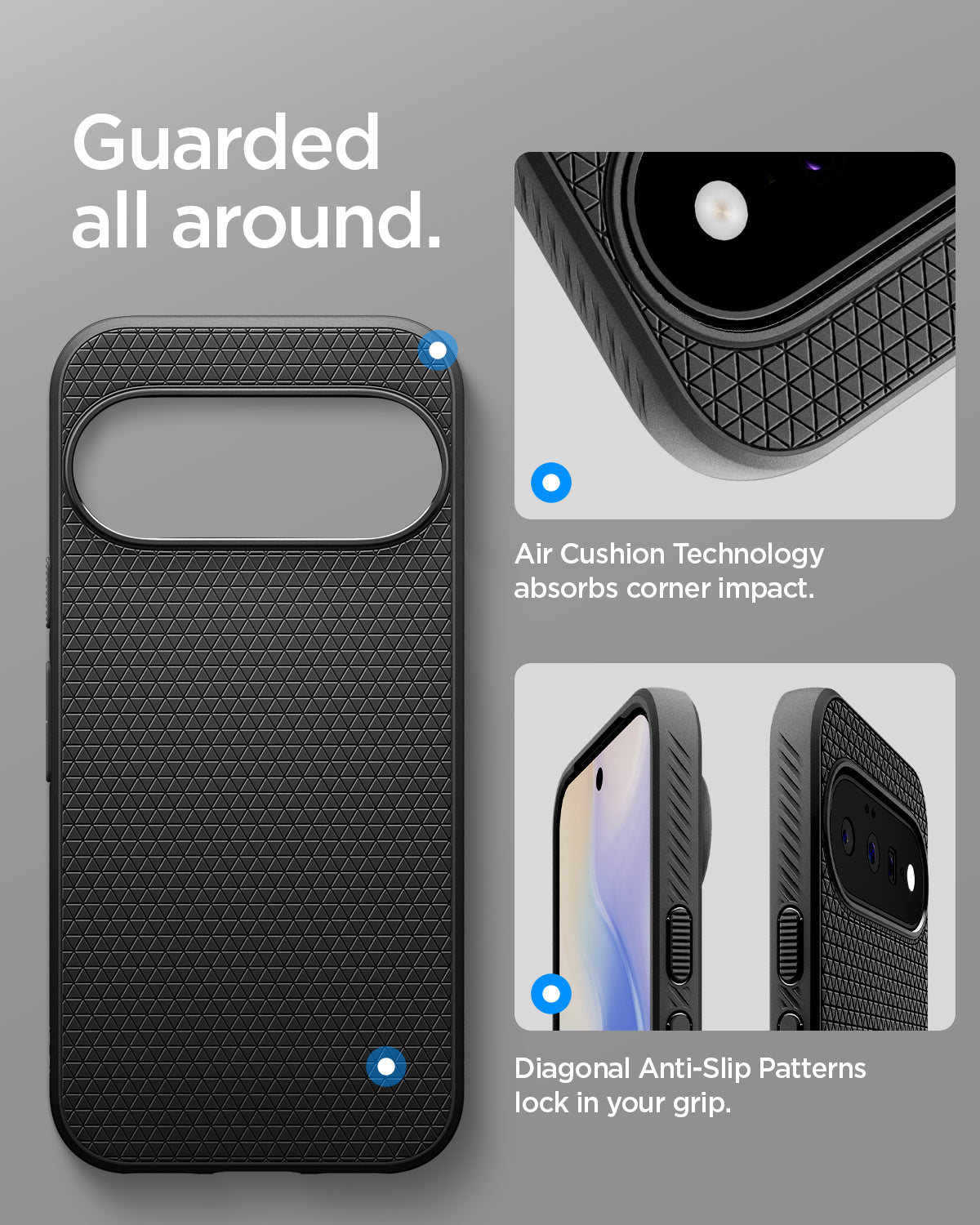 ACS11439 - Pixel 11 Liquid Air (Mag Fit) Matte Black close up highlighting Air Cushion Technology, textured side grips, and corner protection.
