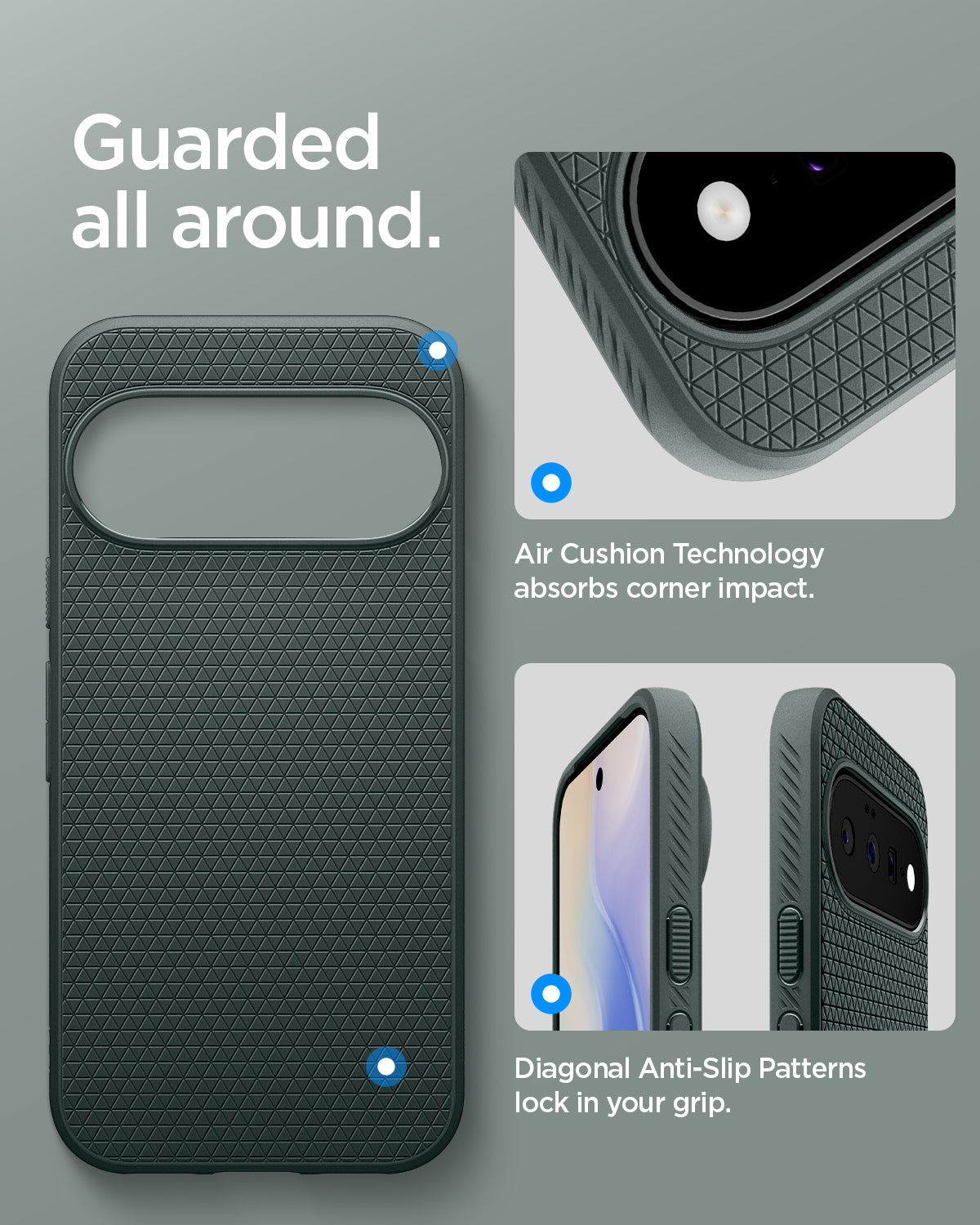 ACS11853 - Pixel 11 Liquid Air (Mag Fit) Abyss Green close up highlighting Air Cushion Technology, textured side grips, and corner protection.