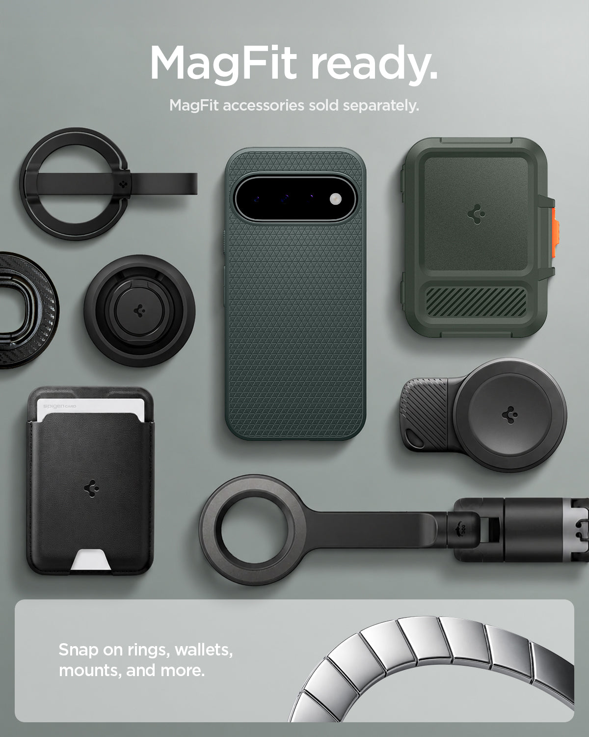 ACS11853 - Pixel 11 Liquid Air (Mag Fit) Abyss Green case shown with compatible magnetic accessories including a wallet, charger, ring grip, and car mount.
