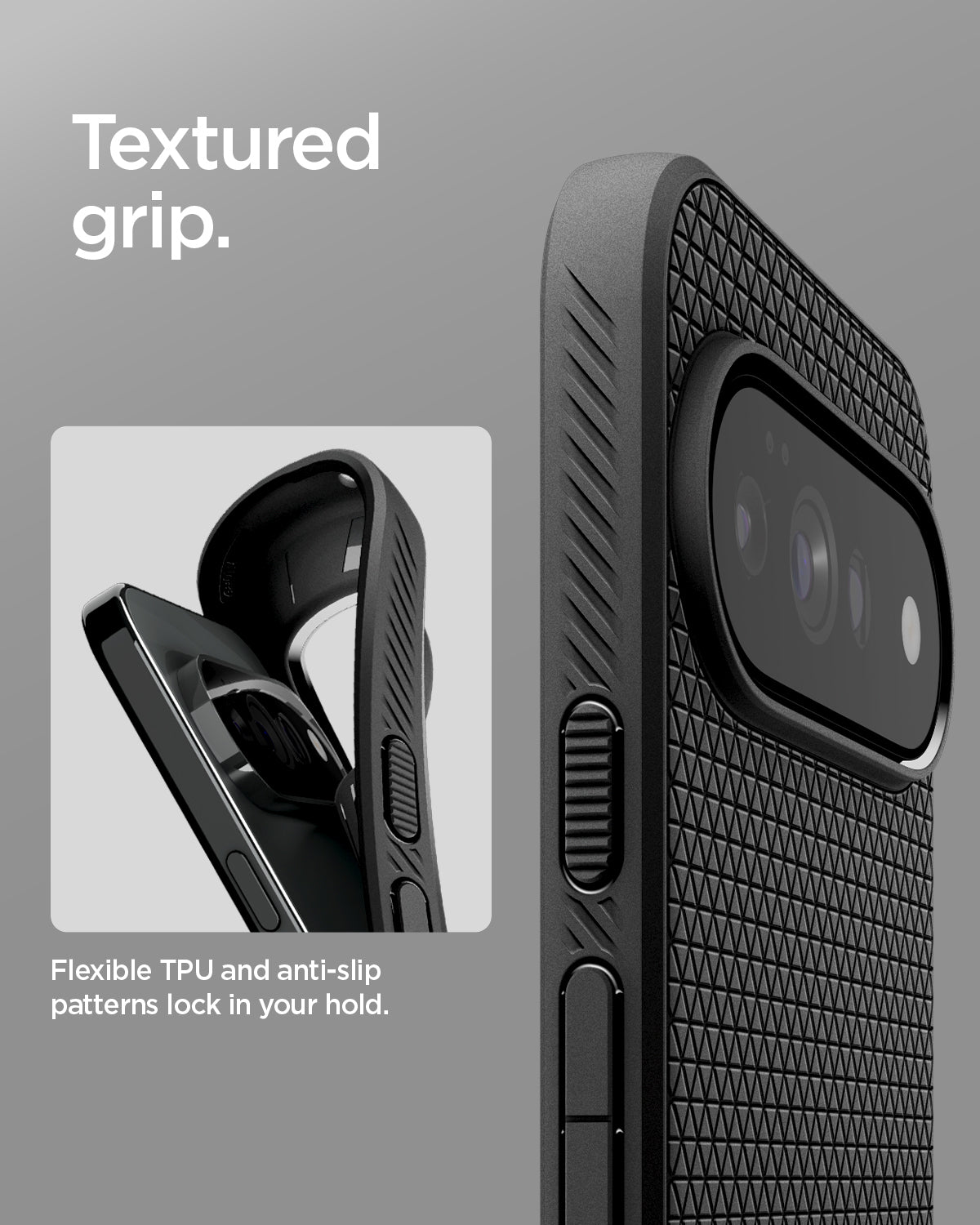 ACS11448 - Pixel 11 Pro XL Matte Black close up showing the textured grip pattern and flexible TPU construction.