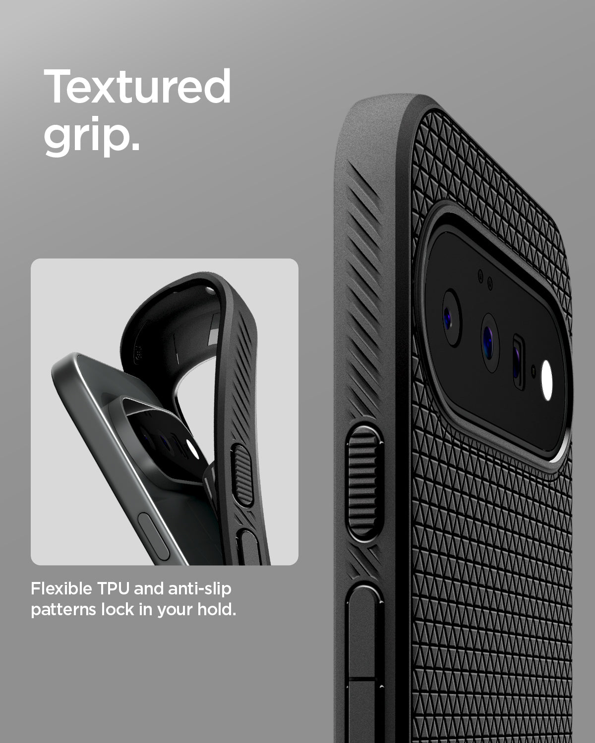 ACS11438 - Pixel 11 Liquid Air Matte Black close up showing the textured grip pattern and flexible TPU construction.