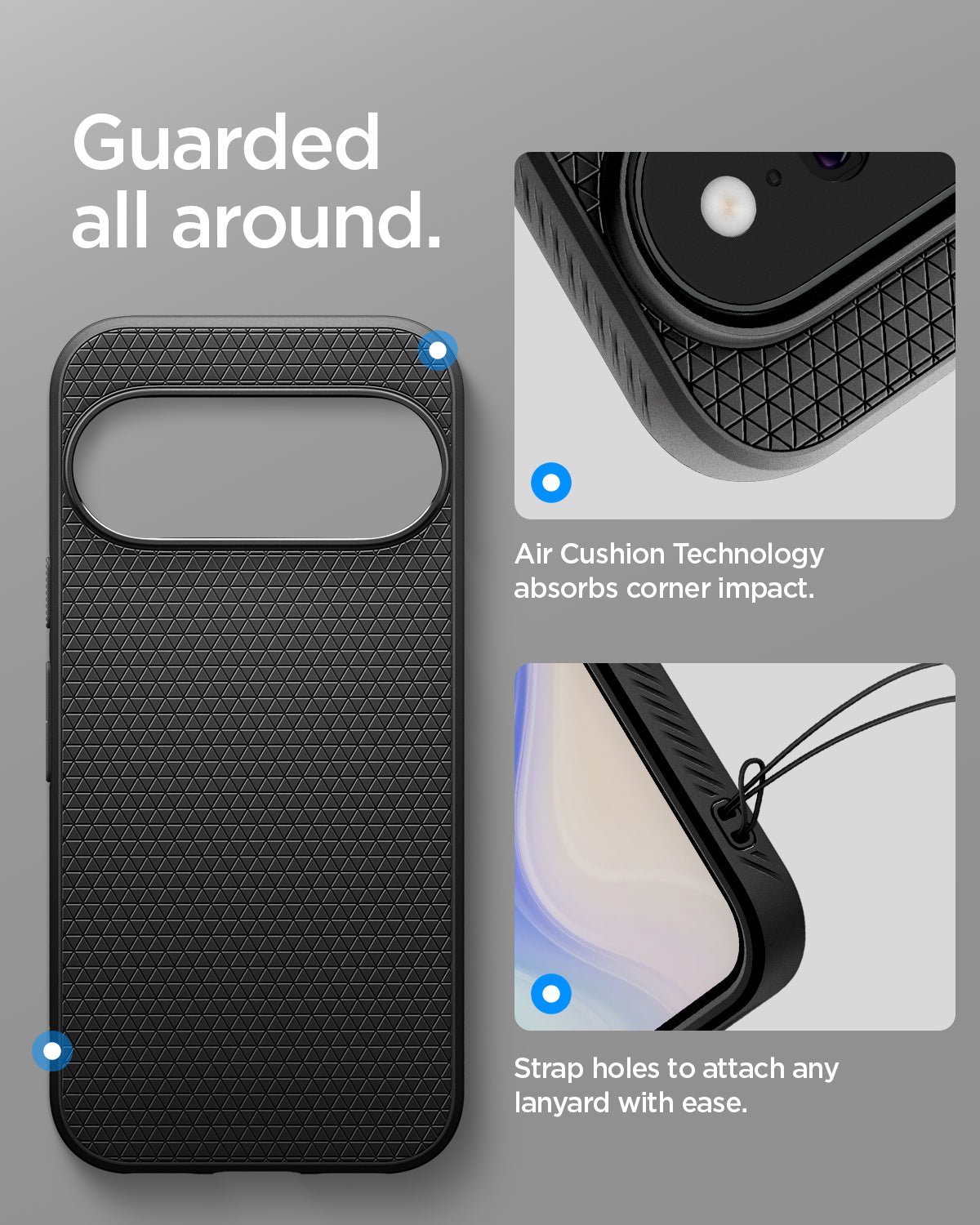 ACS11438 - Pixel 11 Liquid Air Matte Black close up highlighting Air Cushion Technology, raised edges, and integrated strap holes.