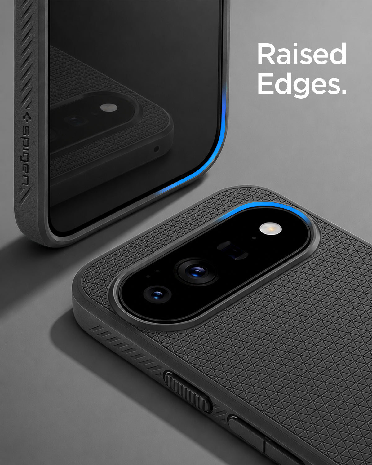 ACS11449 - Pixel 11 Pro XL Liquid Air (Mag Fit) Matte Black close up highlighting the raised edges around the display and camera.