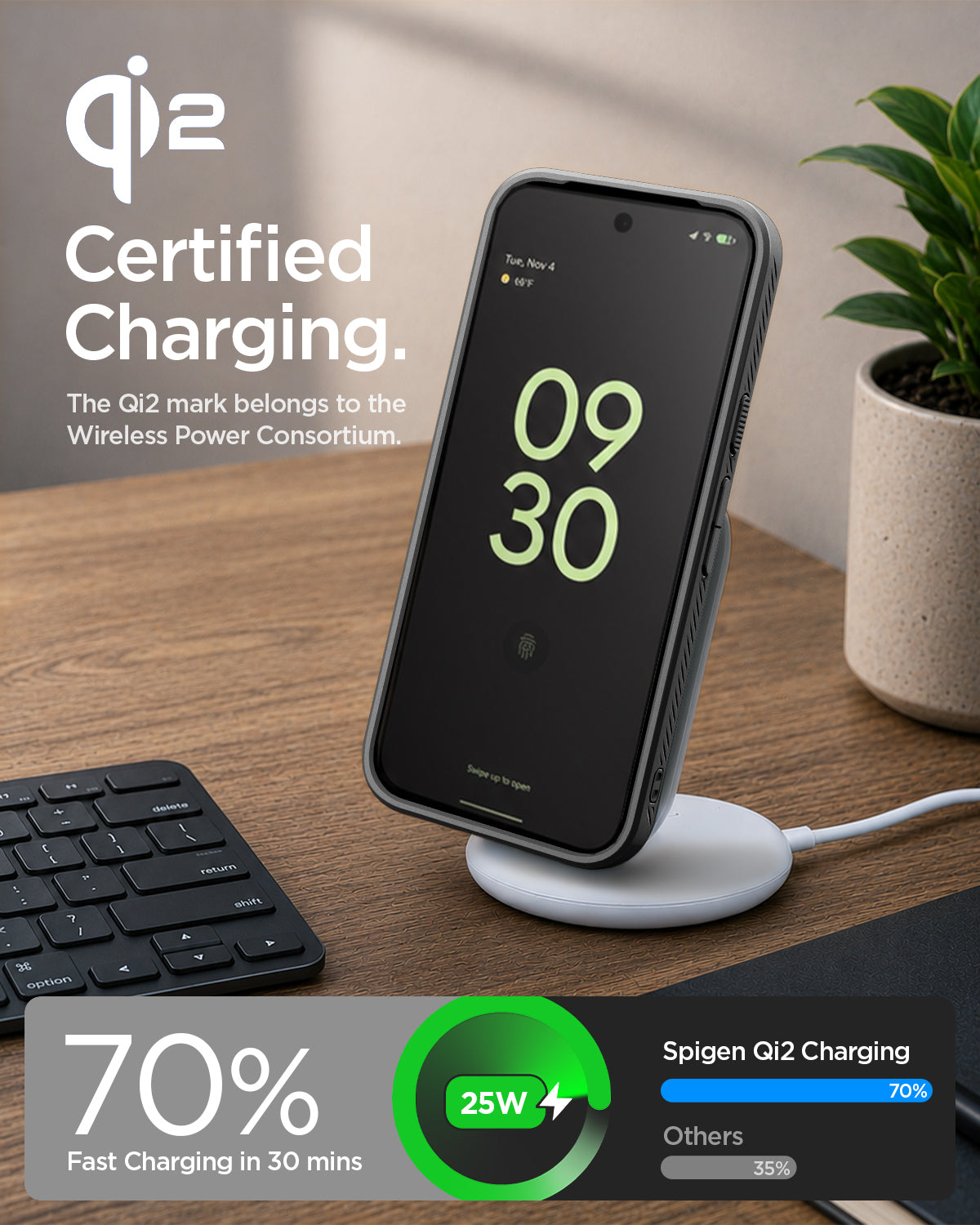 ACS11449 - Pixel 11 Pro XL Liquid Air (Mag Fit) Matte Black Google Pixel device charging on a wireless charger with the Qi2 certified case installed.