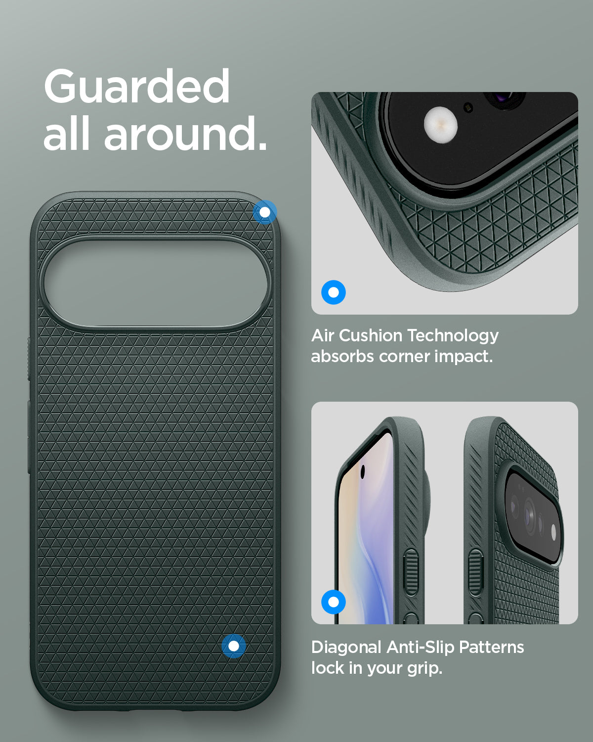 ACS11858 - Pixel 11 Pro  Liquid Air (Mag Fit) Abyss Green close up highlighting Air Cushion Technology, textured side grips, and corner protection.