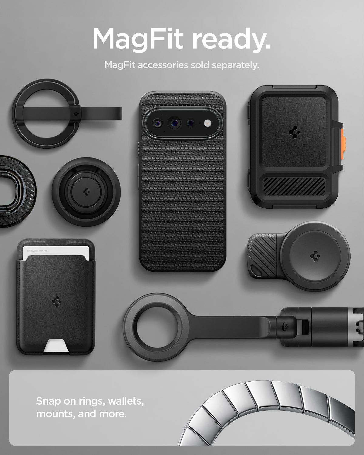 ACS11449 - Pixel 11 Pro XL Liquid Air (Mag Fit) Matte Black case shown with compatible magnetic accessories including a wallet, charger, ring grip, and car mount.