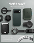 ACS11863 - Pixel 11 Pro XL Liquid Air (Mag Fit) Abyss Green case shown with compatible magnetic accessories including a wallet, charger, ring grip, and car mount.