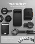 ACS11429 - Pixel 11 Pro  Liquid Air (Mag Fit) Matte Black case shown with compatible magnetic accessories including a wallet, charger, ring grip, and car mount.