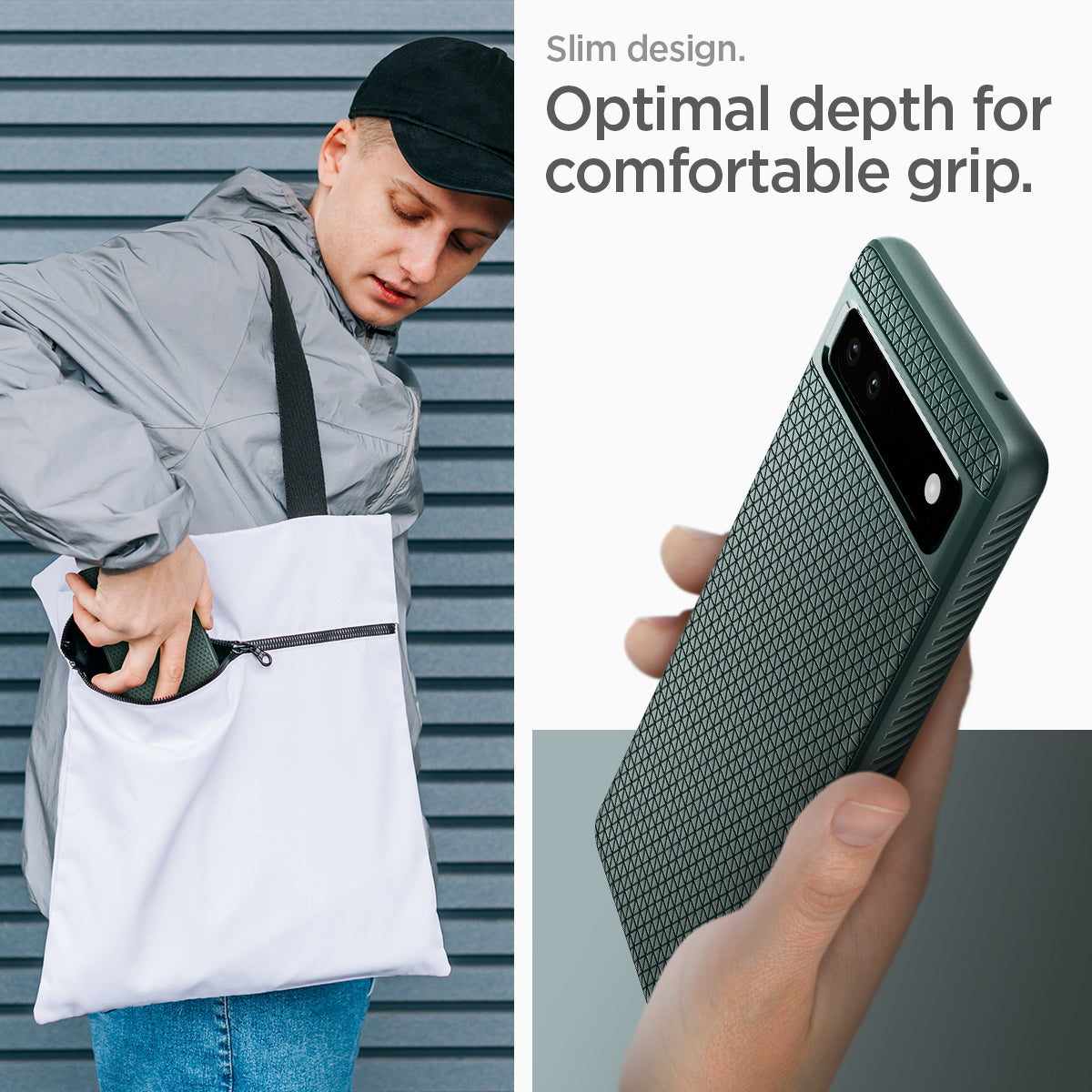 ACS04475 - Pixel 6a Case Liquid Air in midnight green slim design. optimal depth for comfortable grip.