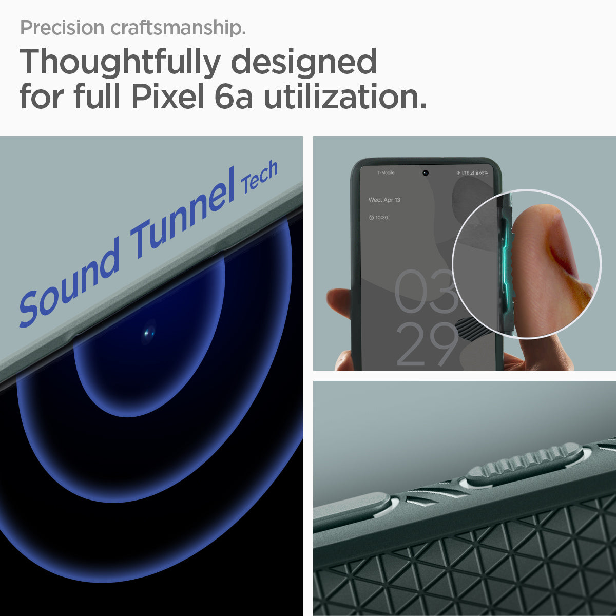 ACS04475 - Pixel 6a Case Liquid Air in midnight green precision craftsmanship. Thoughtfully designed for full Pixel 6a utilization. Sound tunnel tech.